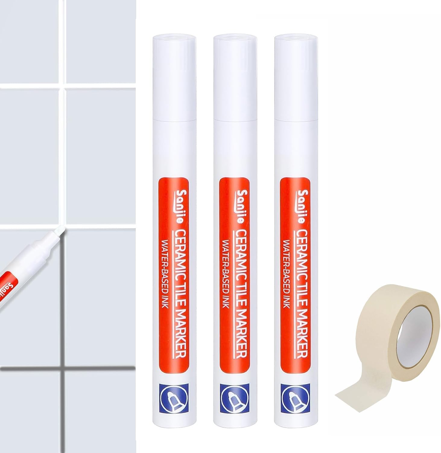 Grout Pen White, Tile Grout Pen, Pack of 3 Joint Pen, Joint Repair Pen, Waterproof Grout Pen, Repair Pen for Tiles, Wall, Floor Tile Grout, Kitchen, with 1 Roll of Masking Tape