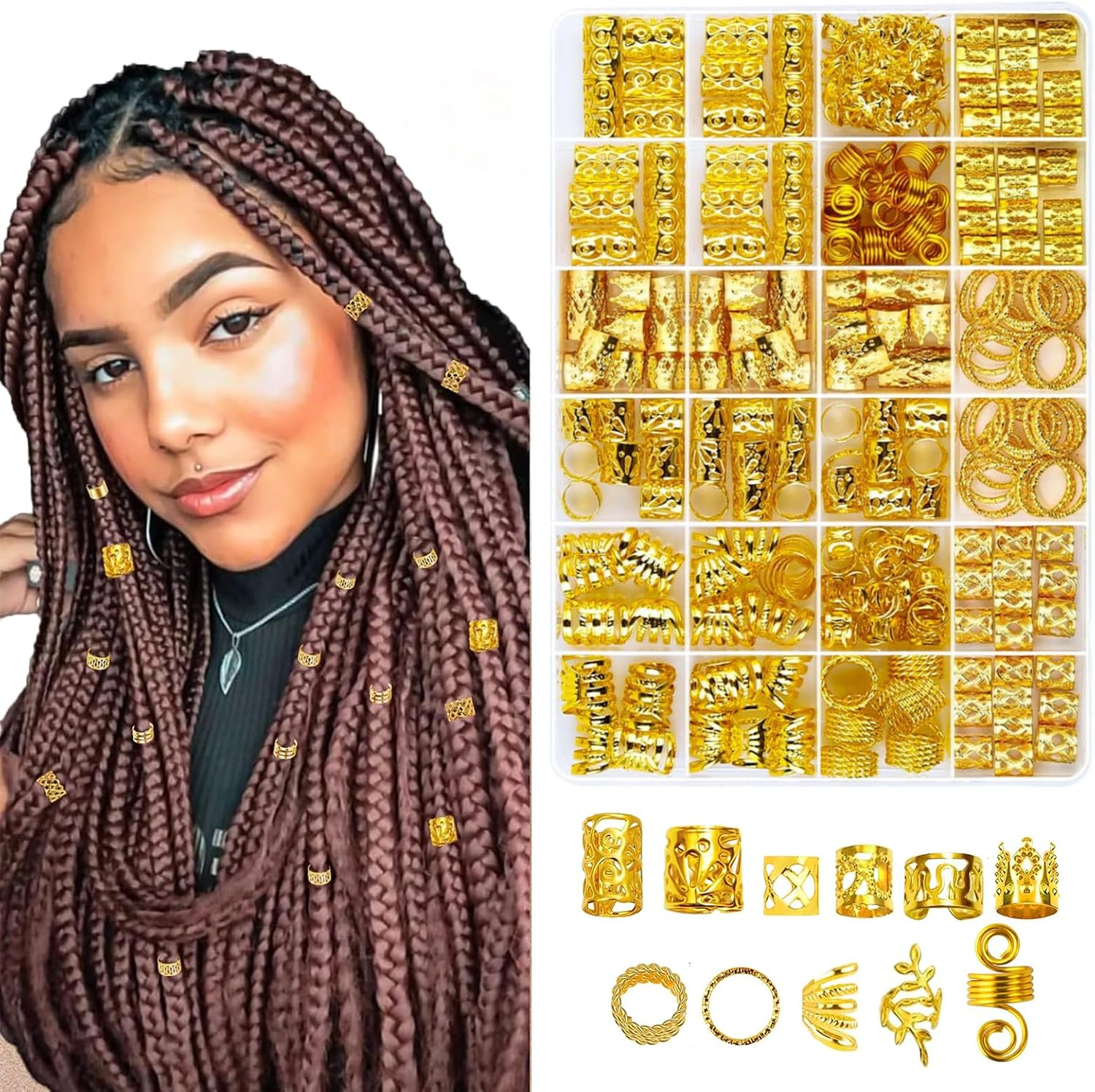 Tavvke 290 Pcs Gold Hair Braid Jewelry Set, Metal Braid Clips, Rings, Cuffs for Dreadlocks, Beards, Extensions and Styling, Hair Accessories for Men, Women, Unisex