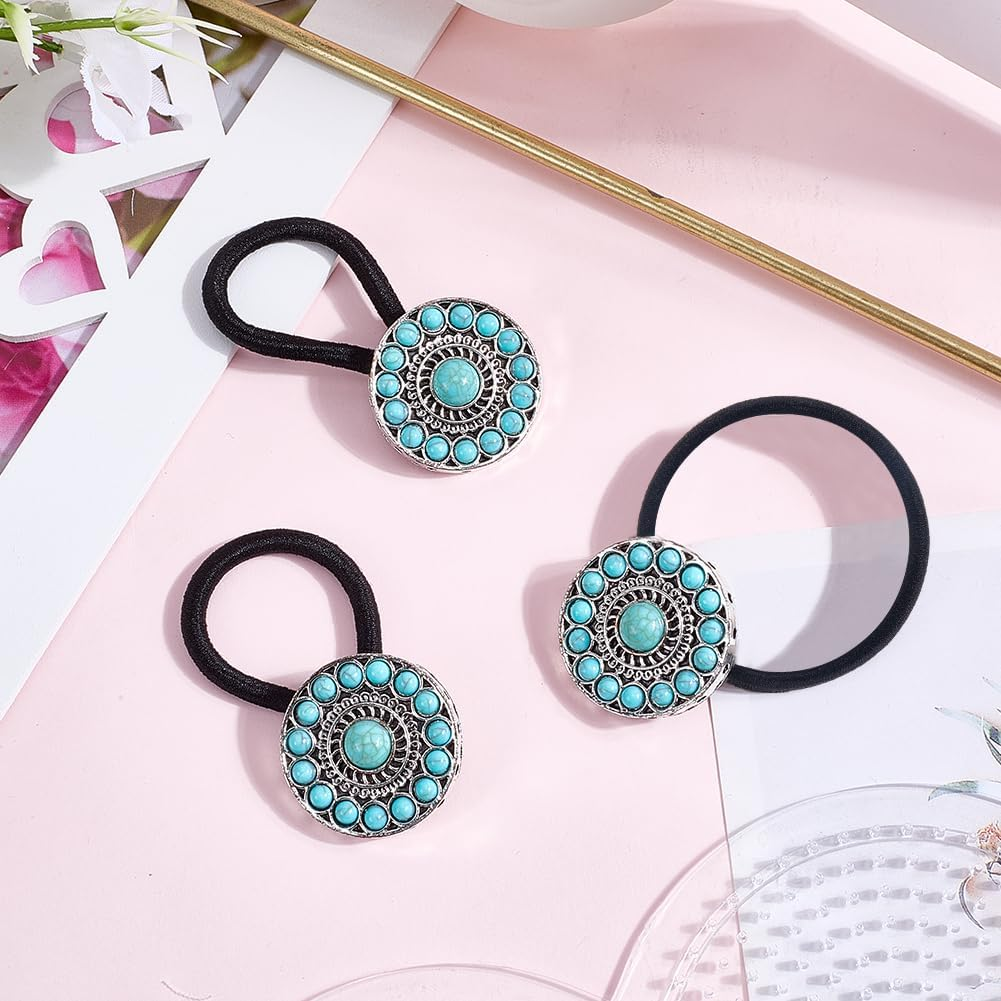CABODYALS Pack of 3 Boho Western Style Circular Ponytail Holders Metal Turquoise Decorative Hair Bobbles Bracelet Vintage Cowgirl Elastic Hair Bands Rope for Women Outfit Ceremony Party Accessories image number 5