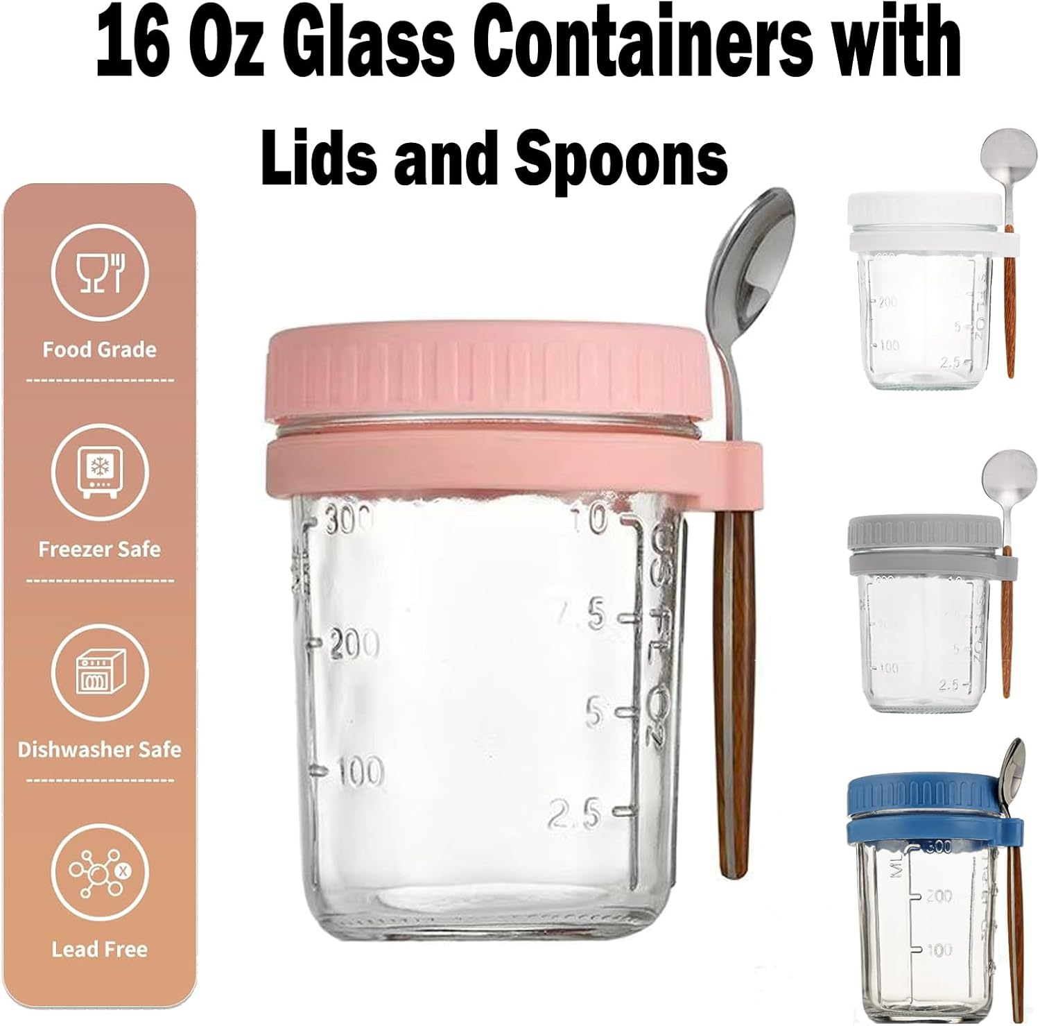 4 Pack Overnight Oats Containers with Lids and Spoons 16 Oz Glass Mason Jars for Overnight Oats Leak Proof Oatmeal Container Great for Cereal Fruit Vegetable Milk Salad Yogurt Meal Prep image number 1