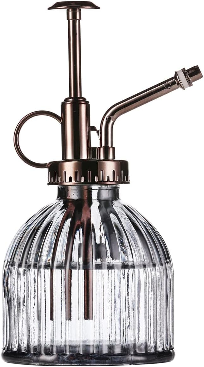 Glass Plant Mister - 7.5" Green Glass Water Spray Bottle with Gold Top Pump, Indoor/Outdoor Small Plant Sprayer (Gray+Bronze)