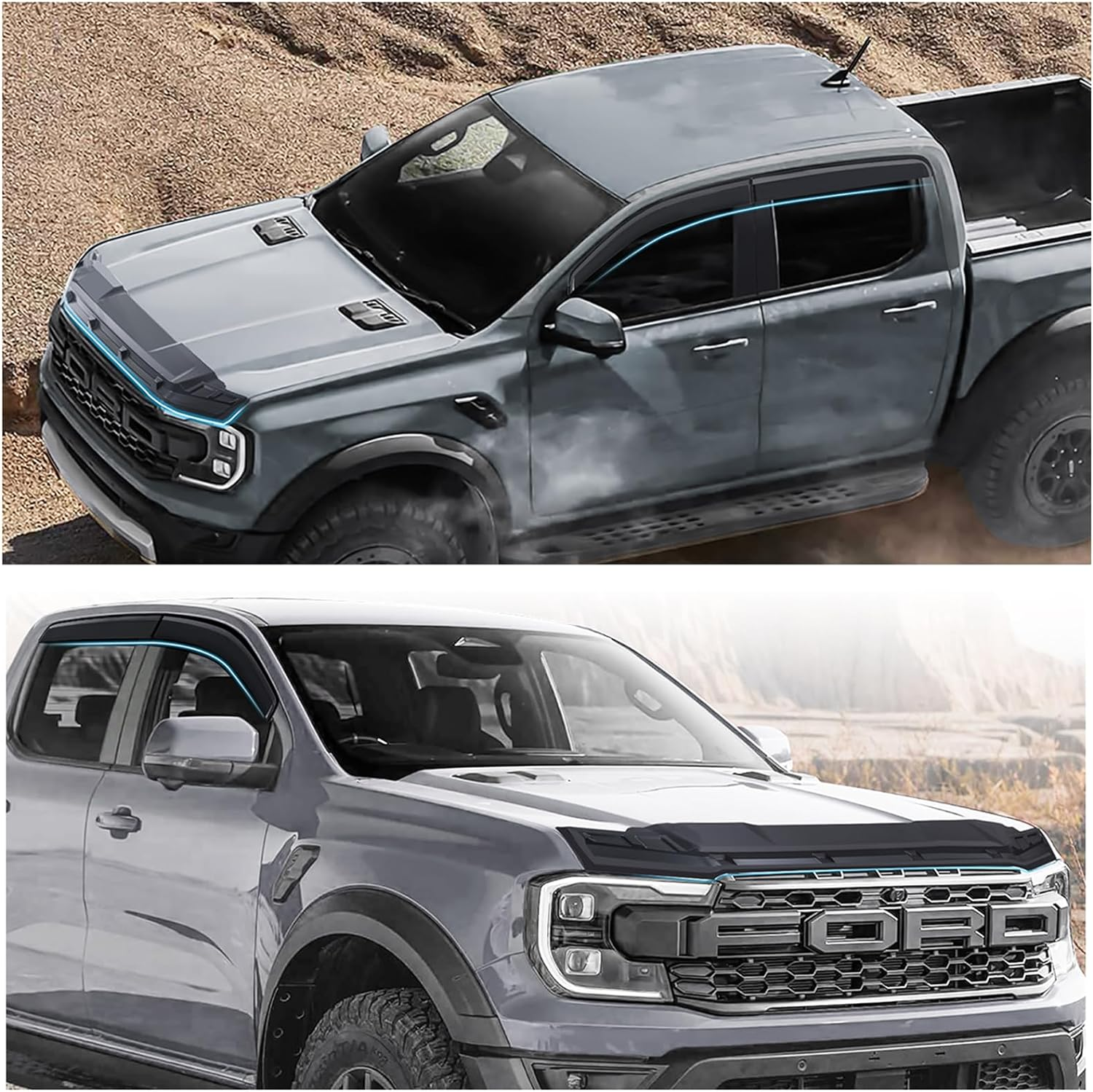 SUERAUTO4X4 for Ford Ranger Raptor Accessories Next Gen 2022 2023 2024 2025 Weather Shields Wind Deflectors Window Visor and Bonnet Protector Hood Guard Trim Car Exterior image number 1