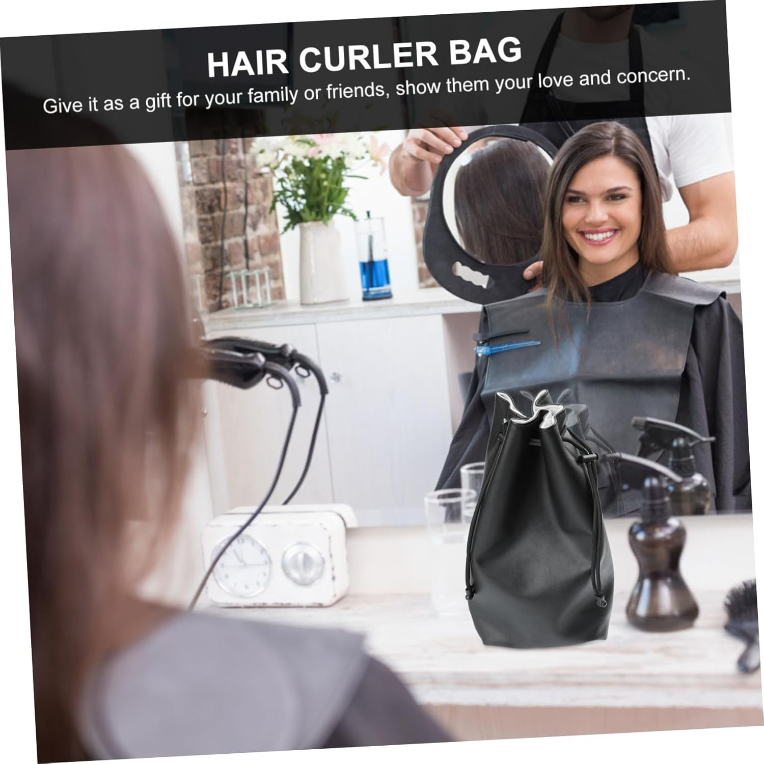 Beaupretty Pu Leather Hair Dryer Storage Bag Hanging Hook Hair Curler and Straightener Organizer Travel Carrying Case Black image number 2