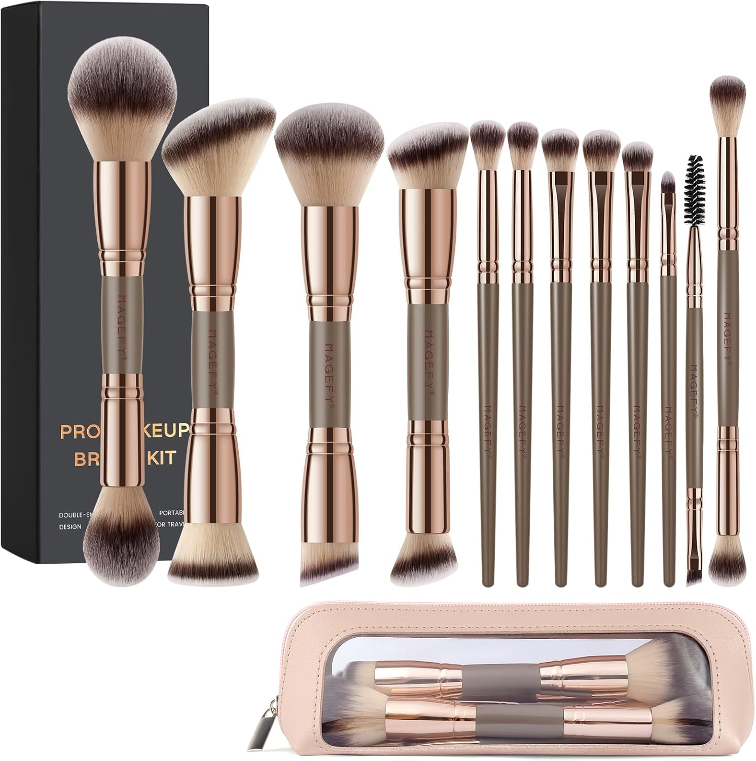 MAGEFY 12Pcs Makeup Brushes with Bag, Double-End Multi-Functional for Foundation Powder Blush Eyeliner Eyeshadows Makeup Brush Set with Gift Box (Black Gold)