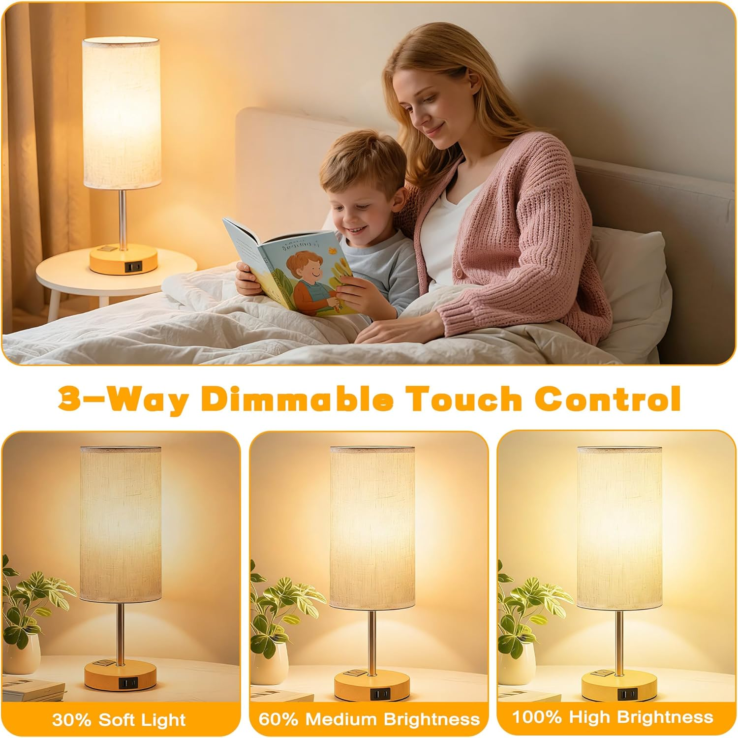 Necomi Bedside Lamp with A&C Ports, Touch Table Lamp for Bedroom with 3 Way Dimmable & AC Outlet, Featuring Linen Lampshade, Suitable for Living Rooms, Study Rooms, and Home Offices (Bulb Included) image number 5