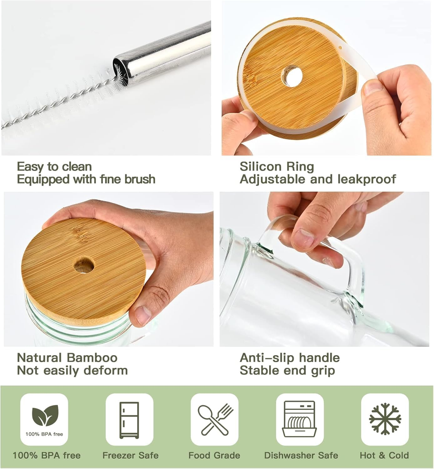 Glass Cup with Bamboo Lids and Straws 4Pcs 24Oz/700Ml Mason Jar Drinking Glass with Handle Straw Brush-Wide Mouth Reusable Drinking Glasses for Water Iced Tea or Coffee image number 1