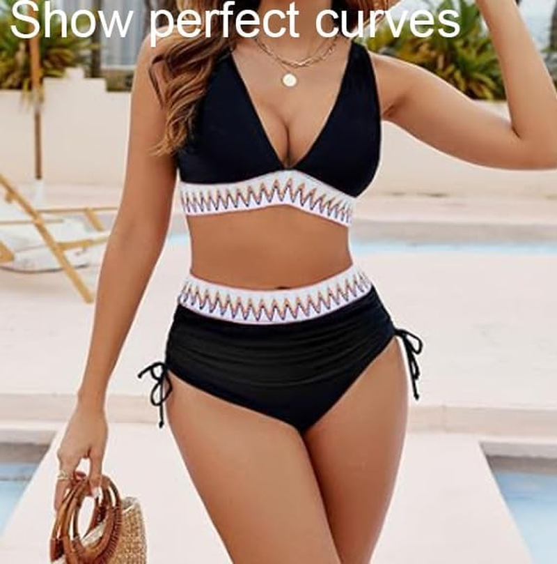 Sunny Salty Bikini Set for Women, Deep V Neck High Waisted Tummy Control Bikini Set for Women, Two Piece Sunny Salty Bathing Suit for Womens image number 3