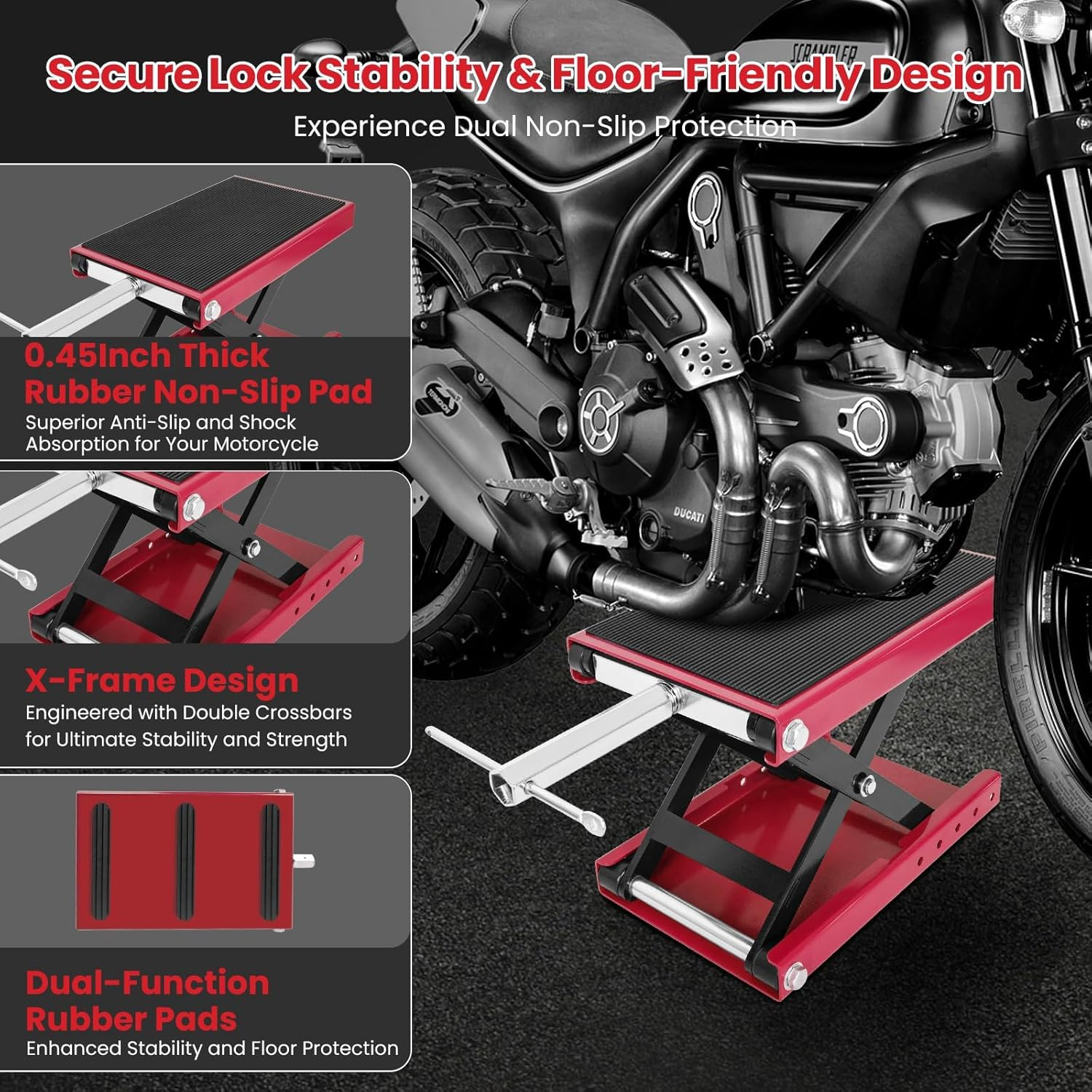 Motorcycle Lift, 500 KG/1100 Lbs Capacity Motorcycle Scissor Jack with Upgraded Anti-Slip Bottom and Thickened Rubber Wide Deck,Steel Motor Bike Hoist Stand with Crank for ATV, Cruiser Bikes