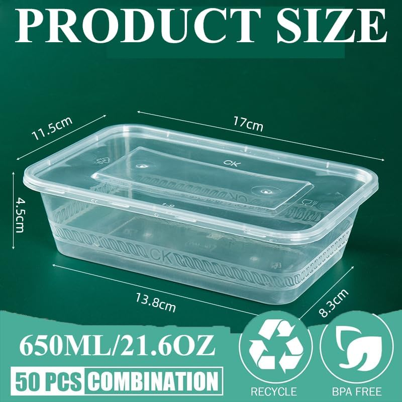 50 SETS 650Ml Takeaway Containers with Lids,Disposable Containers,Meal Preparation Container,50 Food Storage Container with Lid, Reusable Lunch Box, Clear Plastic Foods Lunch Box, Bpa-Free, Bento Box image number 6