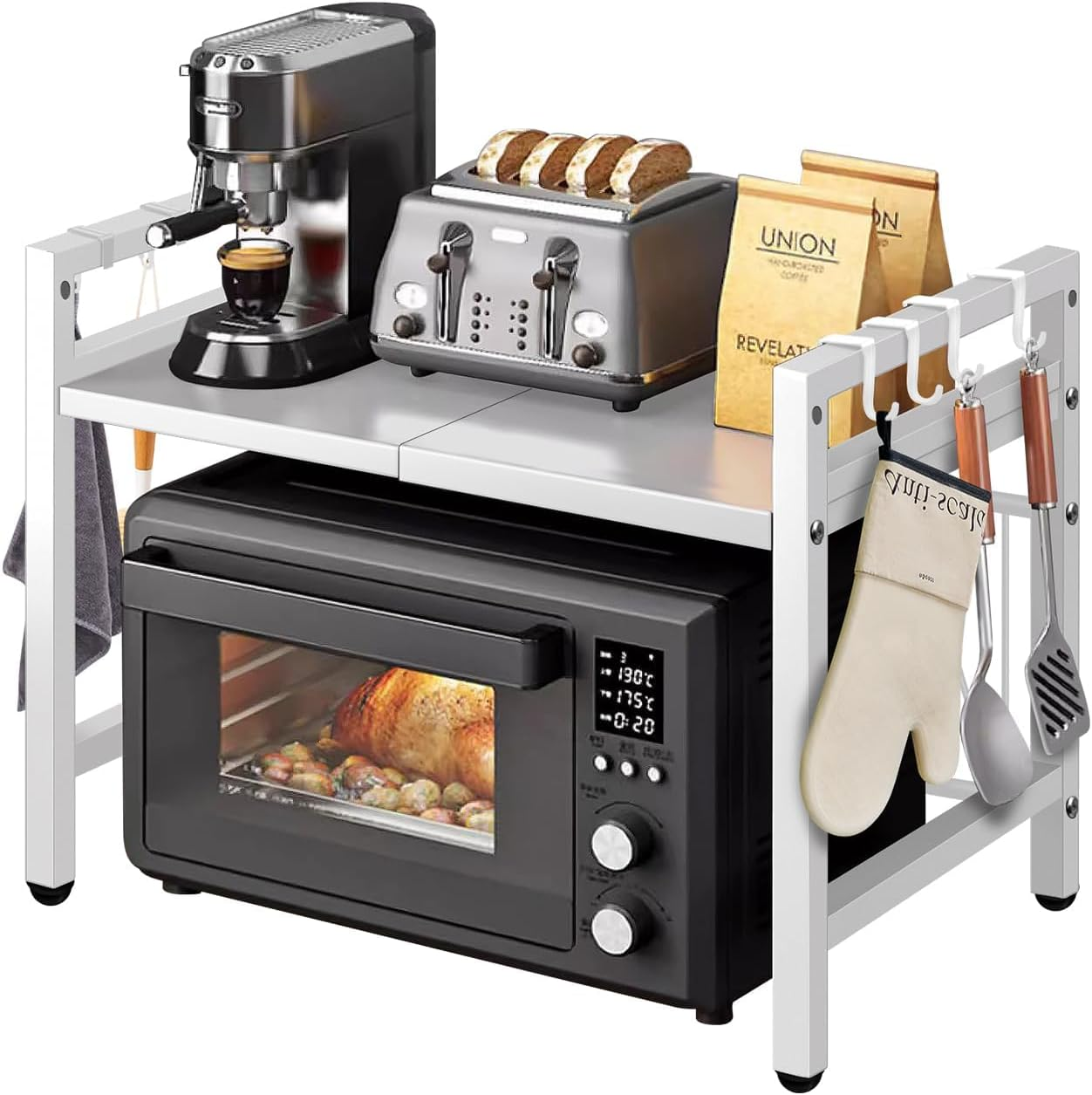 Joiena Extendable Microwave Oven Rack Black, Adjustable Microwave/Toaster Shelf Heavy Duty Stand Kitchen Counter Top Organizer, 2-Tier with 6 Hooks (White) image number 6