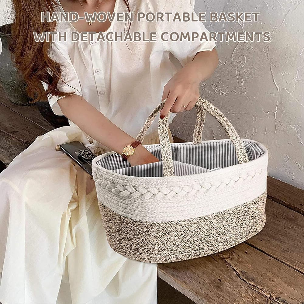 Baby Diaper Caddy Organizer, Foldable Cotton Rope Nursery Storage Basket, Portable Diaper & Wipes Holder for Changing Table, Car, Newborn Essentials image number 6