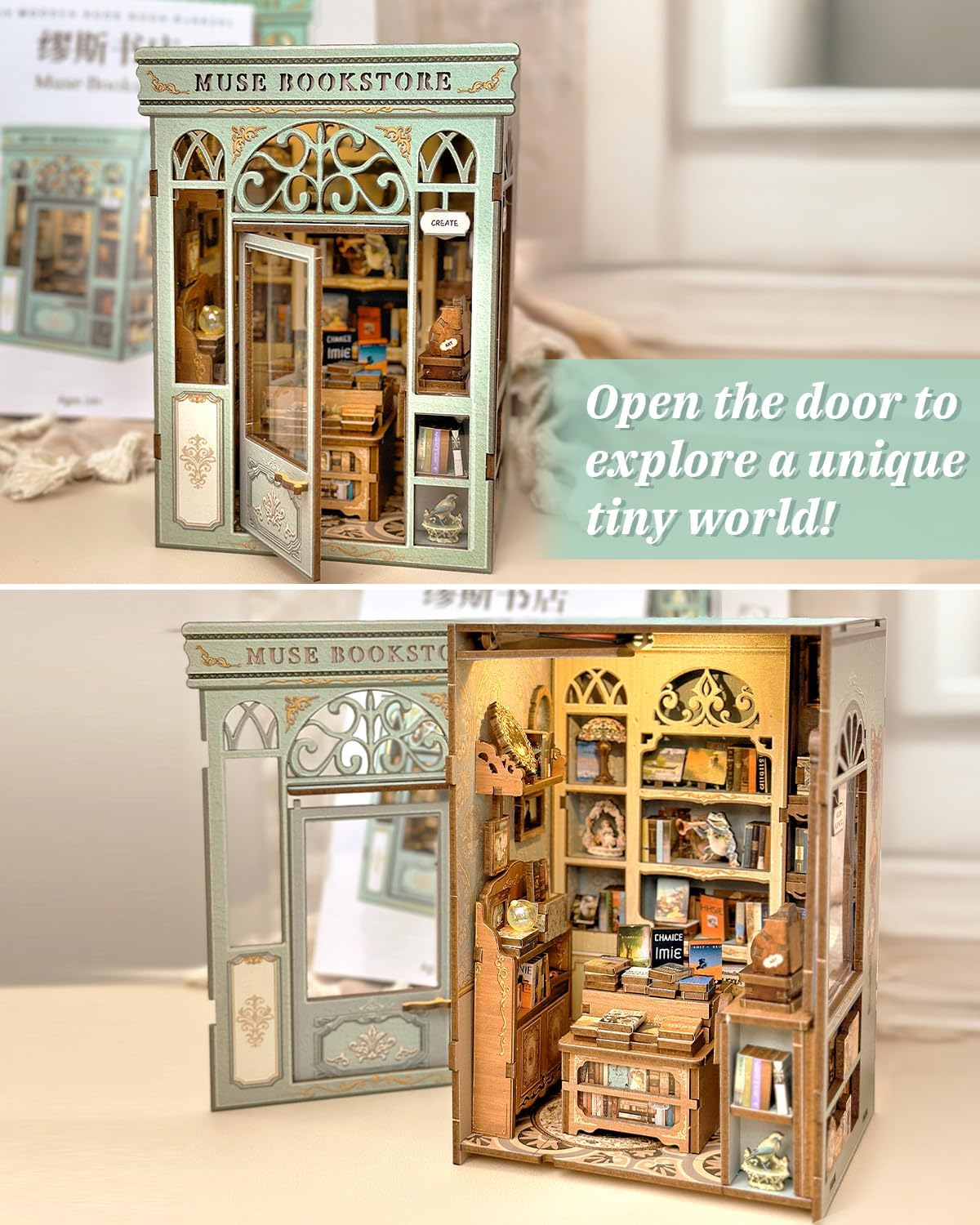 CUTEBEE Book Nook Kit - DIY Miniature Dollhouse Kit for Adults and Teens, Tiny House Bookshelf Decor 3D Wooden Puzzle for Family, Friends (Muse Bookstore) image number 3