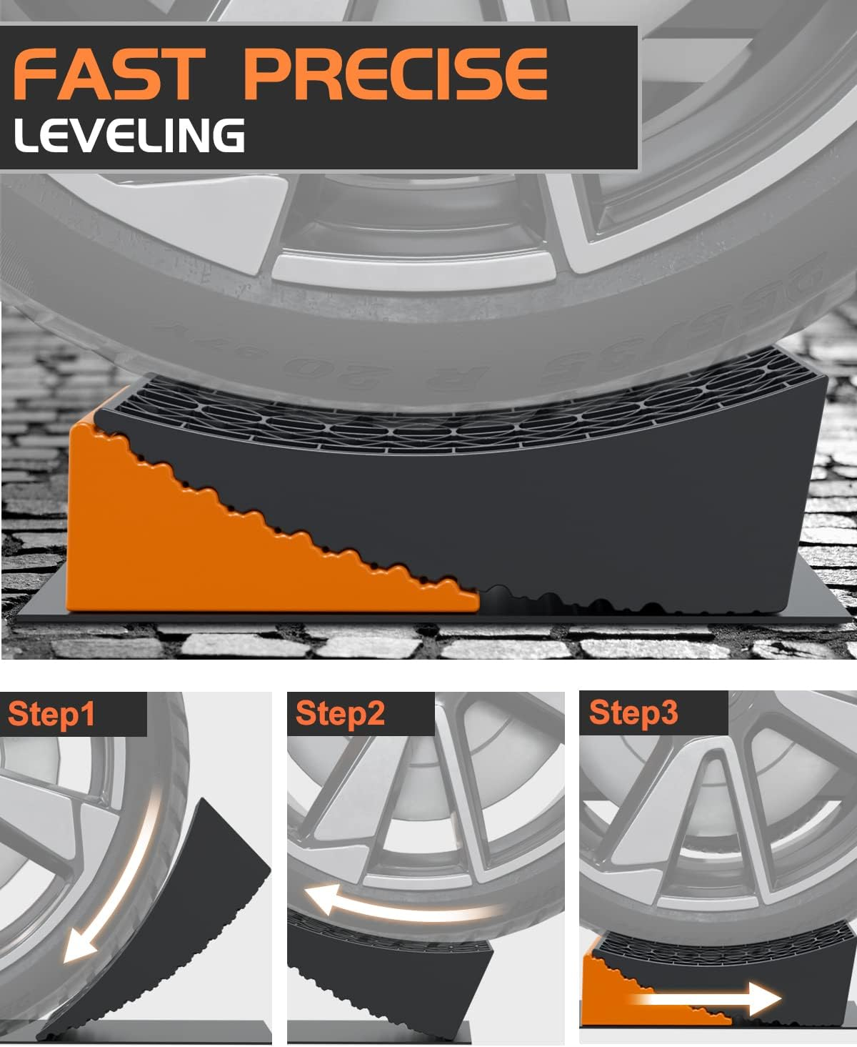 RV Leveling Blocks Ramp Kit, 2 Packs Camper Leveler System for Travel with Two Chocks, 2 Anti-Slip Mats, 1T Bubble Level and Carry Bag, up to 35000 LBS, Easier & Faster to Level Camper-Orange image number 4