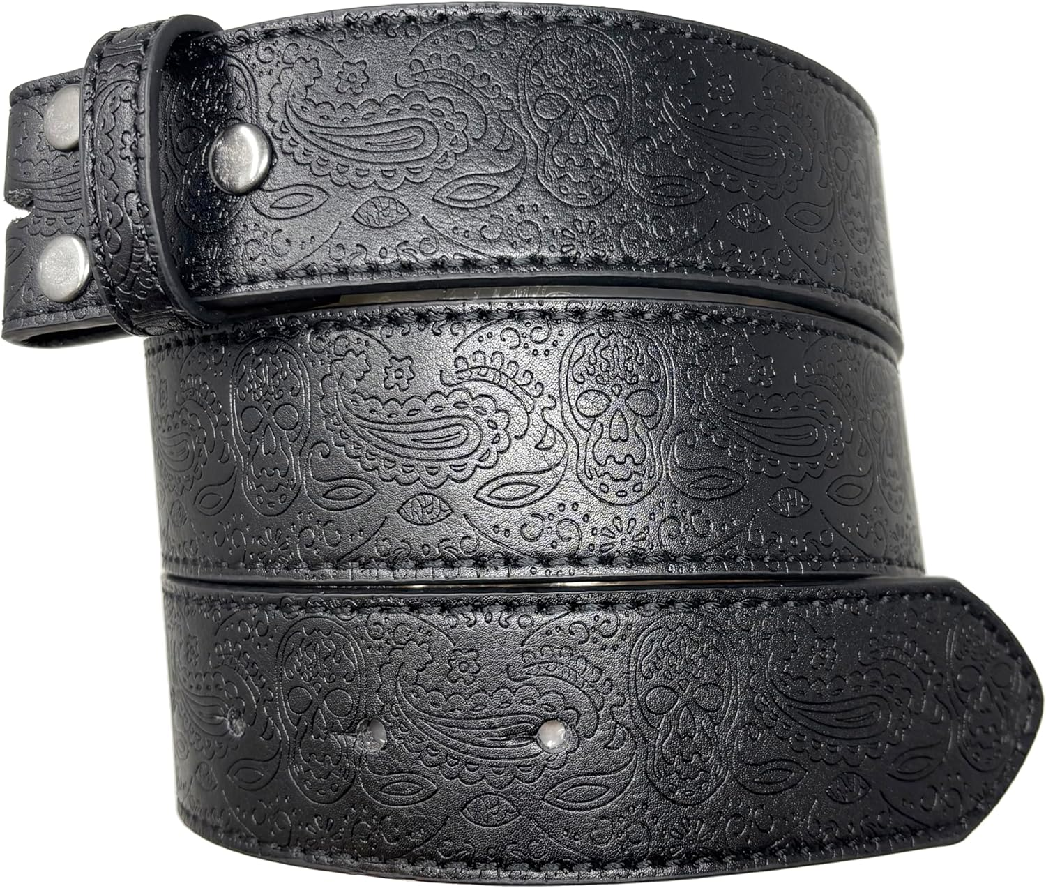 Leather Belt Strap with Western Skull and Paisley Embossed Pattern 1.5" Wide with Snaps