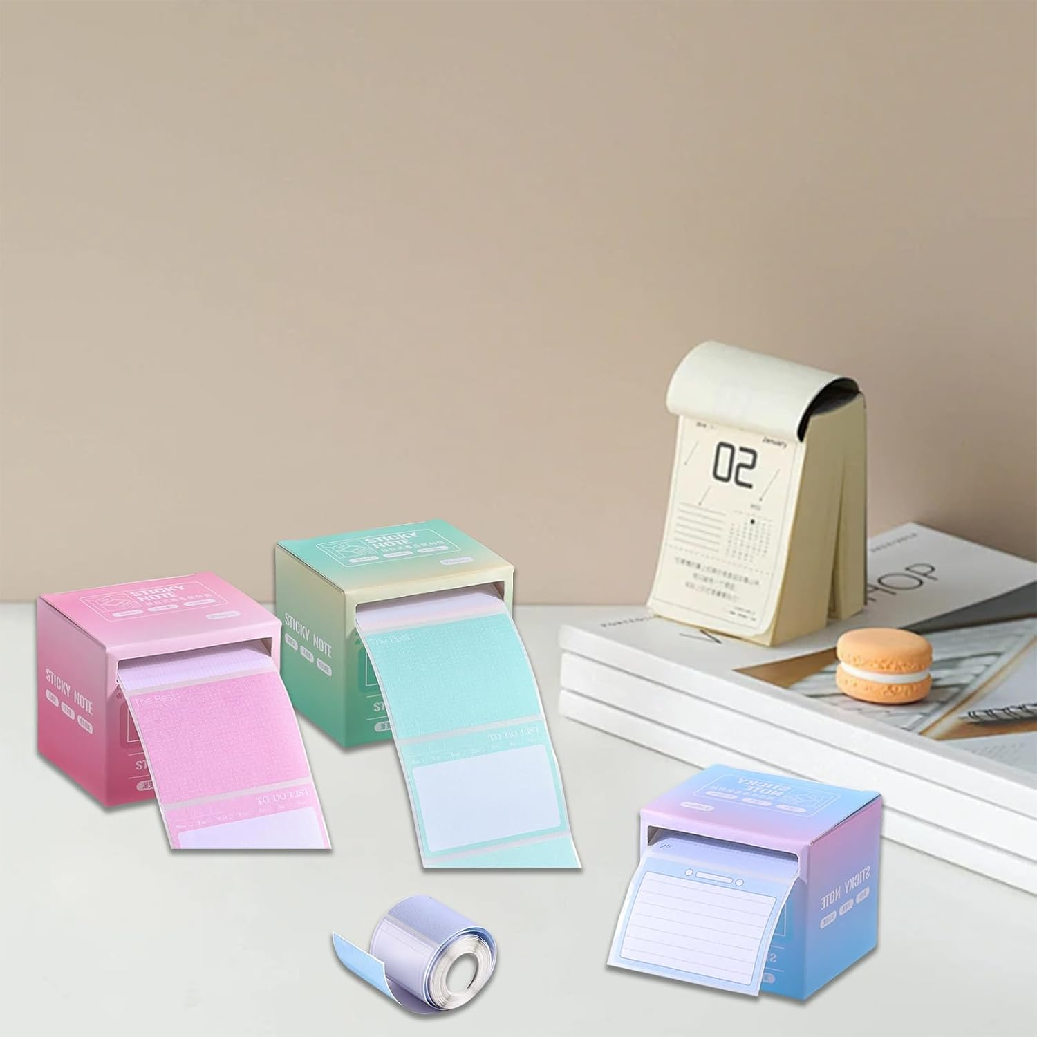 Fkereg 2 Pack Pull-Out Full Adhesive Sticky Notes Roll Tape 512 Sheets 8 Patterns, 1.8 X 2.5 Inch Cute Sticky Note Pads, Colorful Self-Stick Memo Paper Pad Label Stickers for Writing, Blue & Green image number 2