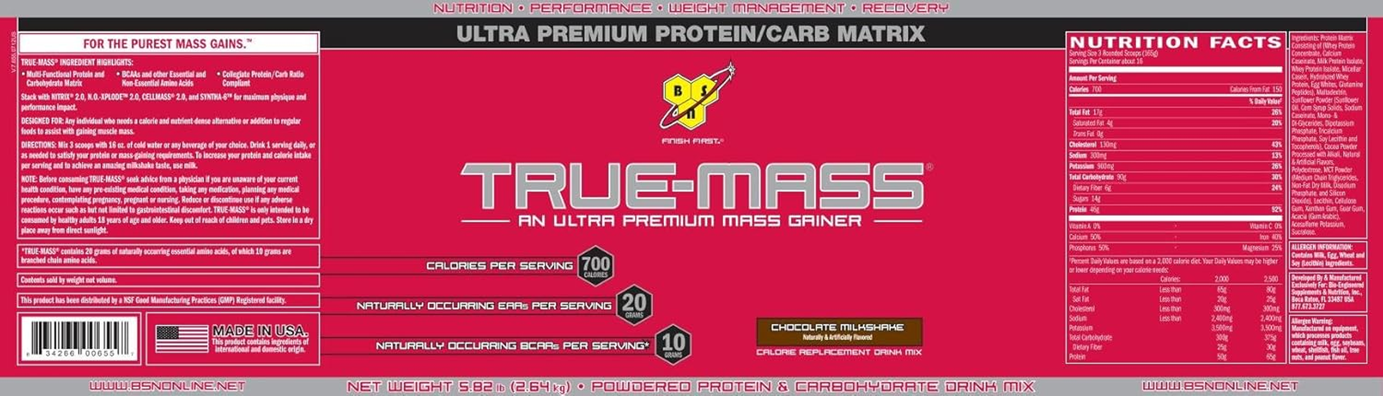 BSN True Mass Ultra Premium Protein/Carb Matrix 2.64 Kg, 16 Servings, Chocolate Milkshake image number 1