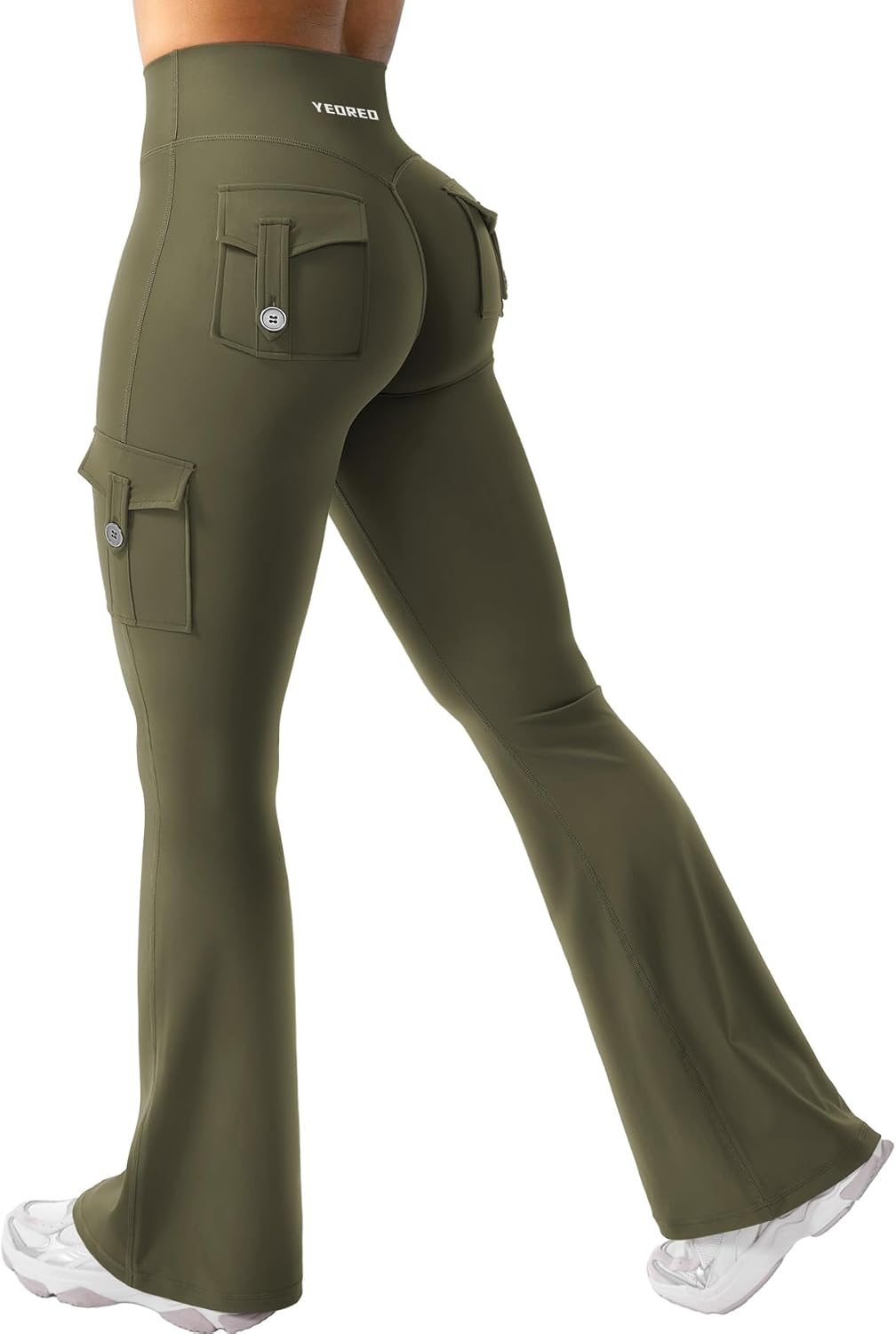 YEOREO Coreflex Women Workout Flare Leggings with Pockets Hidden Scrunch High Waisted Cargo Gym Yoga No Front Seam Leggings