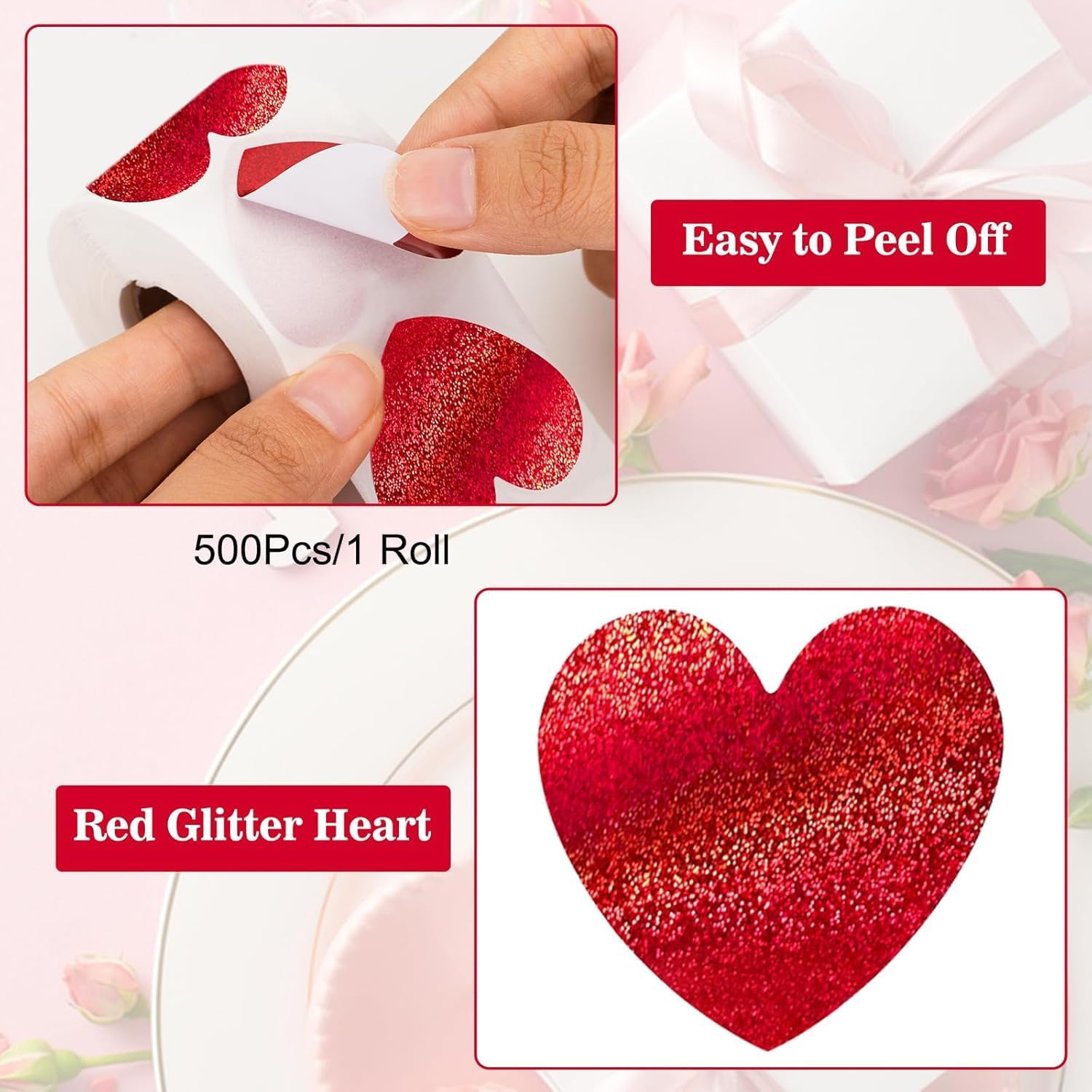 Glitter Red Heart Stickers, 500Pcs Roll, Red Glitter Heart Stickers, Waterproof, Easy to Use, Cute Foil Stickers, Multi-Purpose Gift Stickers