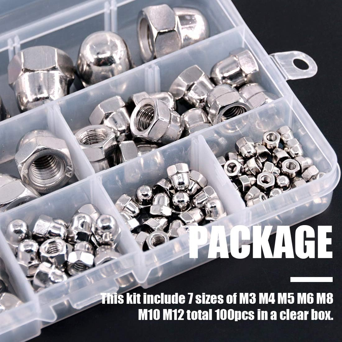 Swpeet 100Pcs 304 Stainless Steel Serrated Metric Acorn Cap Nuts Hex Dome Cap Assortment Kit, 7 Sizes - M3 M4 M5 M6 M8 M10 M12 image number 4