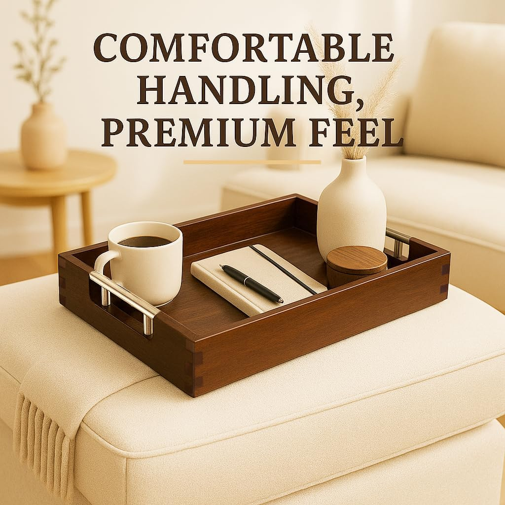 Swyftee Serving Tray with Handles &ndash; 17 X 12 X 2 Inch Dark Brown Acacia Wood Ottoman Tray Table Trays Decorative &ndash; Coffee Tray Wood Decor for Kitchen &ndash; Breakfast in Bed Tray with Silver Metal Handles image number 6