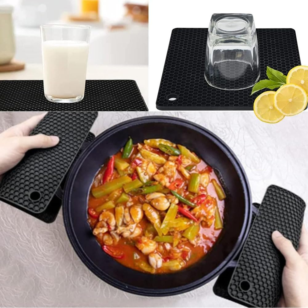 Lznyi Silicone Trivet Mats, 4Pcs Pot Pads Silicone Pot Holders for Kitchen Countertops, Table, Heat Resistant anti Slip Flexible Easy to Wash and Dry (Green+Blue) (4Pcs Black) image number 3