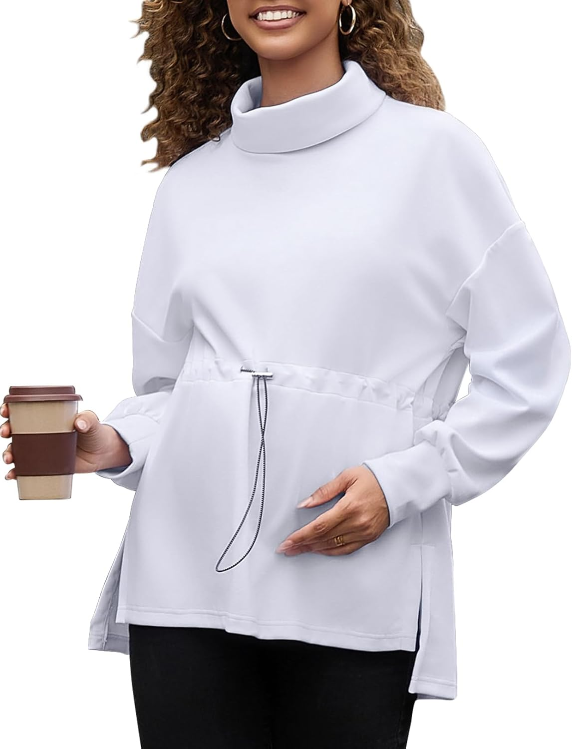 Bhome Maternity Turtleneck Sweatshirt Long Sleeve Oversized Pullover Tops Side Slit Tunic Shirts with Drawstring Waist