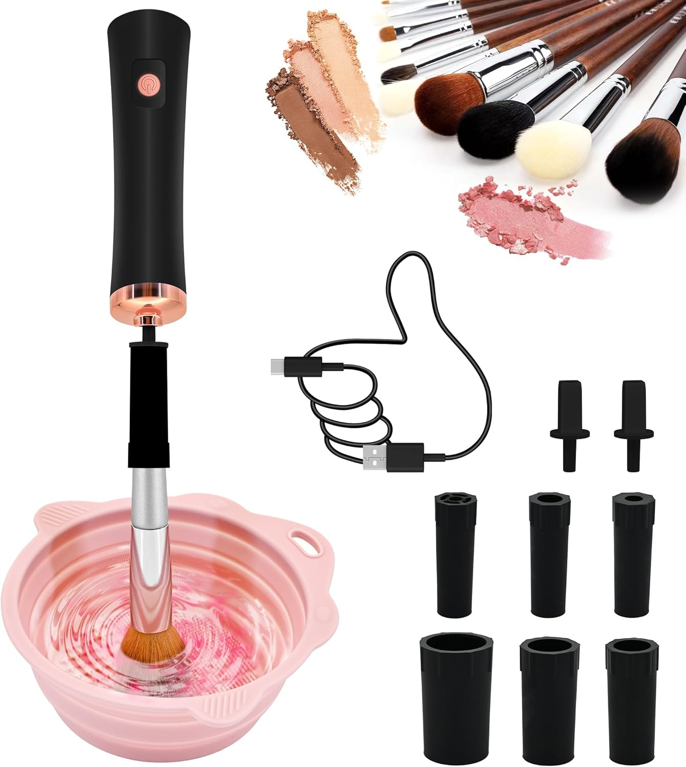 YBVABE Makeup Brush Cleaner and Dryer &ndash; Electric 10S Quick Clean & Dry with Foldable Silicone Bowl &ndash; Portable Spin Cleaning Tool for All Makeup Brushes &ndash; Battery & Rechargeable Options