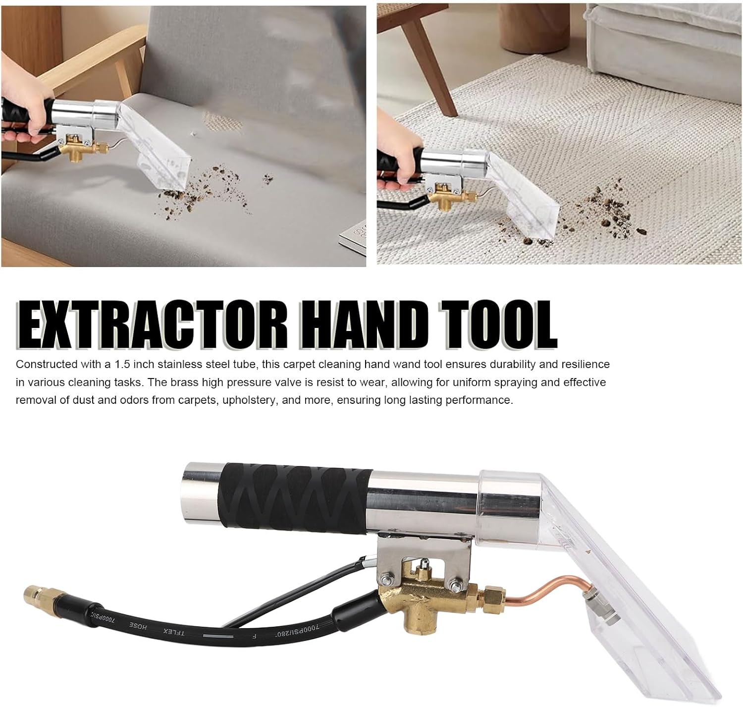 Extractor Hand Wand with Clear Head, Stainless Steel Carpet Extractor Wand for Steam Car Cleaner, 1.5 Inch Extractor Vacuum Hose Kit, Extractor Hand Tool for Furniture Auto Car Detailing image number 2