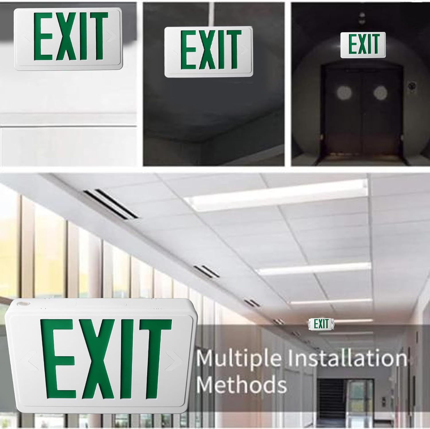 Green Exit Sign, 3W LED Emergency Exit Light with 1000Mah Battery, Glow in the Dark Photoluminescent Exit Sign, Outdoor Emergency Exit Sign Light for Hotel, Hospital, Mall, Office image number 1
