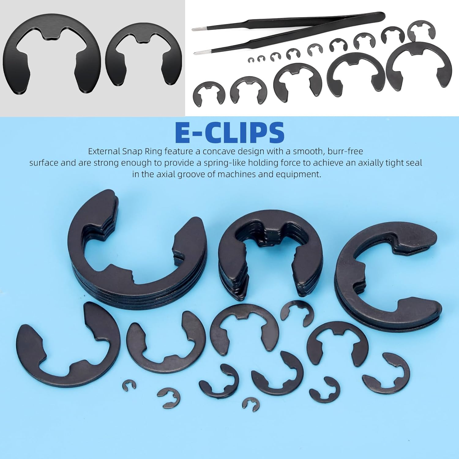 Glarks 211Pcs 65Mn-Steel E-Clips Retaining Rings Assortment Set 14 Sizes E-Ring Circlip Rings Heat Treated External Retaining Clips E-Clips Retainer Circlip Rings with Tweezers for Gears