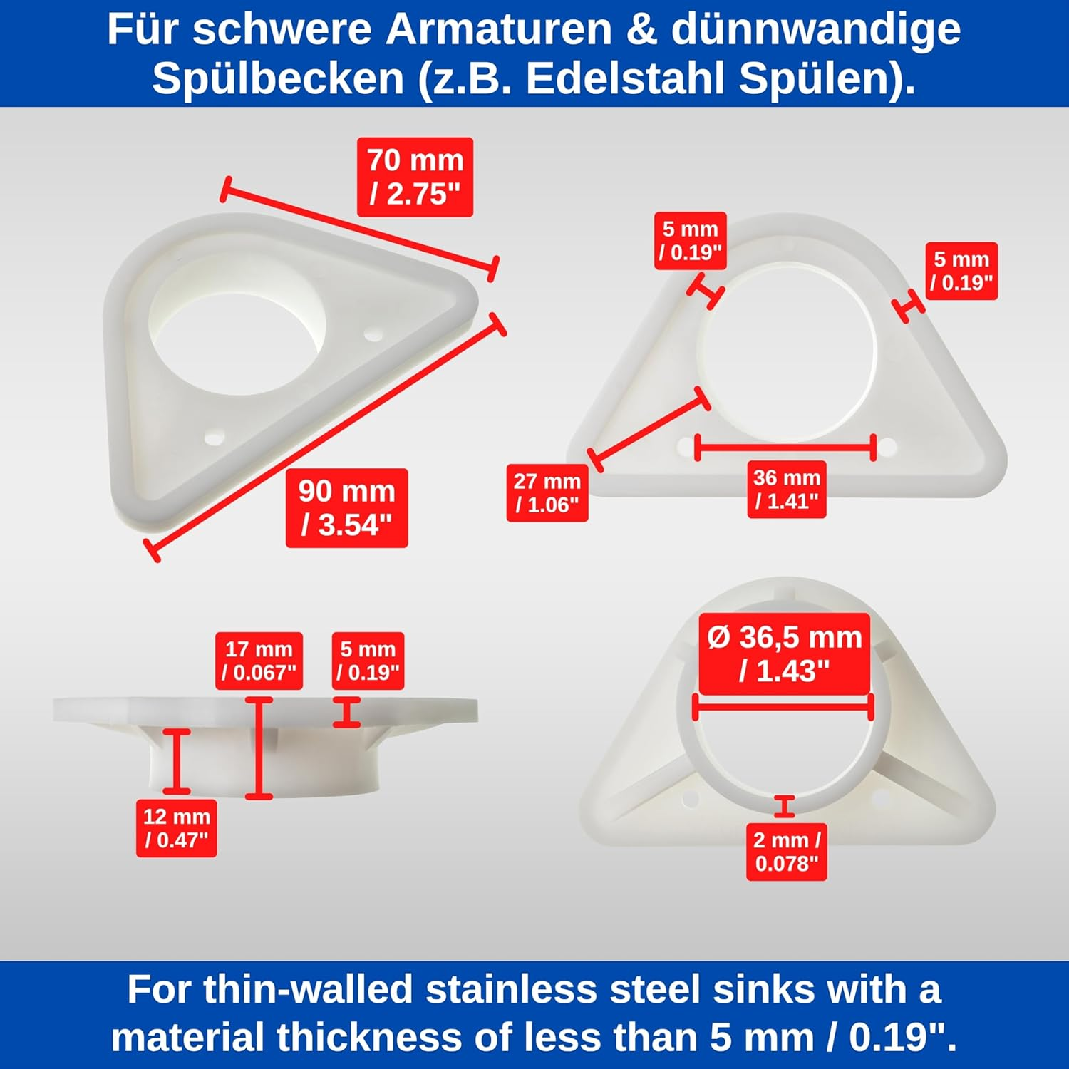Sink Reinforcement, 1 Piece, in White, Made of ABS, Standard Size with Diameter 36.5 Mm Inner Bore, Tap Stabiliser for Thin-Walled Stainless Steel Sinks, Sink Fitting Stabilisation against Swinging