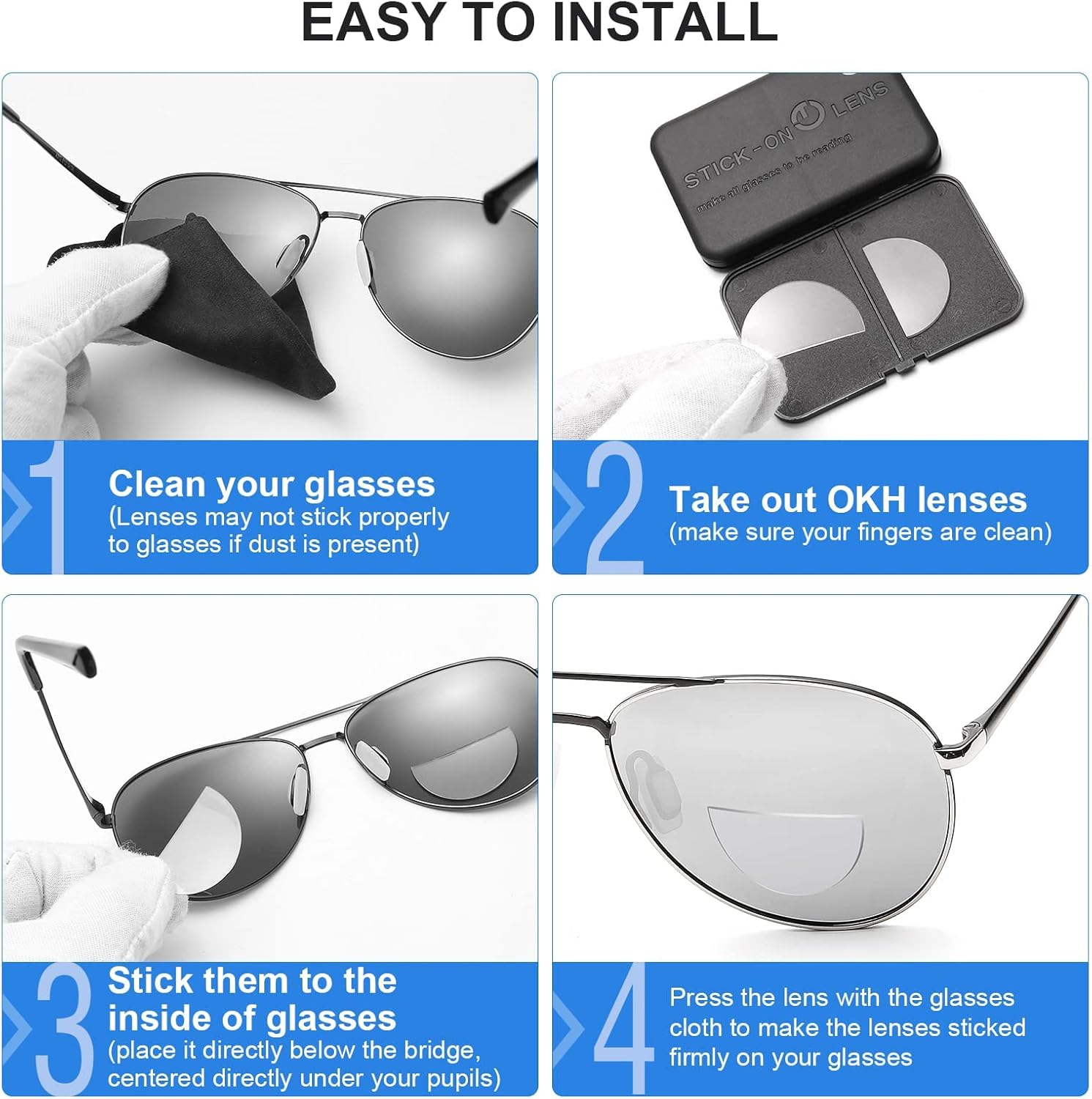 OKH 3 Pairs Stick-On Bifocal Lenses Reader, Reusable Stick on Adhesive Magnifying Reading Lenses for Sunglasses/Sport Glasses/Ski Goggles, No Water Needed image number 2