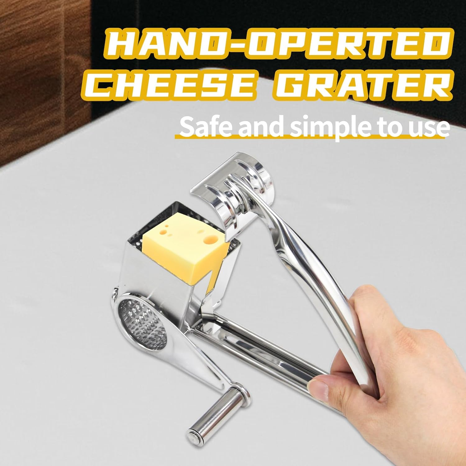 Manual Rotary Cheese Grater with Handle with 4 Interchangeable Sharp Drum Blades Stainless Steel Handheld Cheese Shredder Easy to Clean and Use for Cheese Vegetable Chocolate Walnut Nuts
