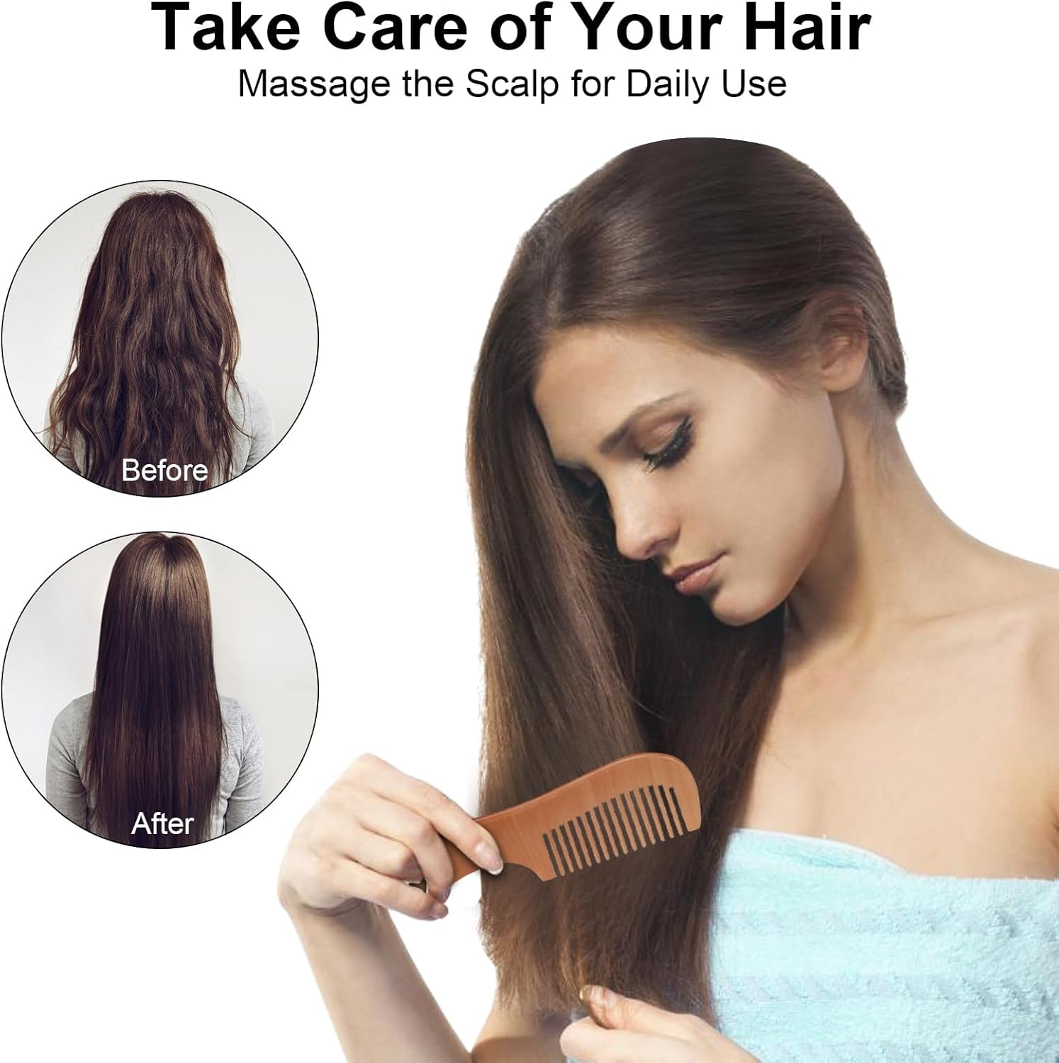 4 Pcs Natural Bamboo Comb Set for Women & Men - Wide Tooth Detangling, Beard & Labor Combs for Curly, Thick, Wavy Hair with Gift Bag image number 5