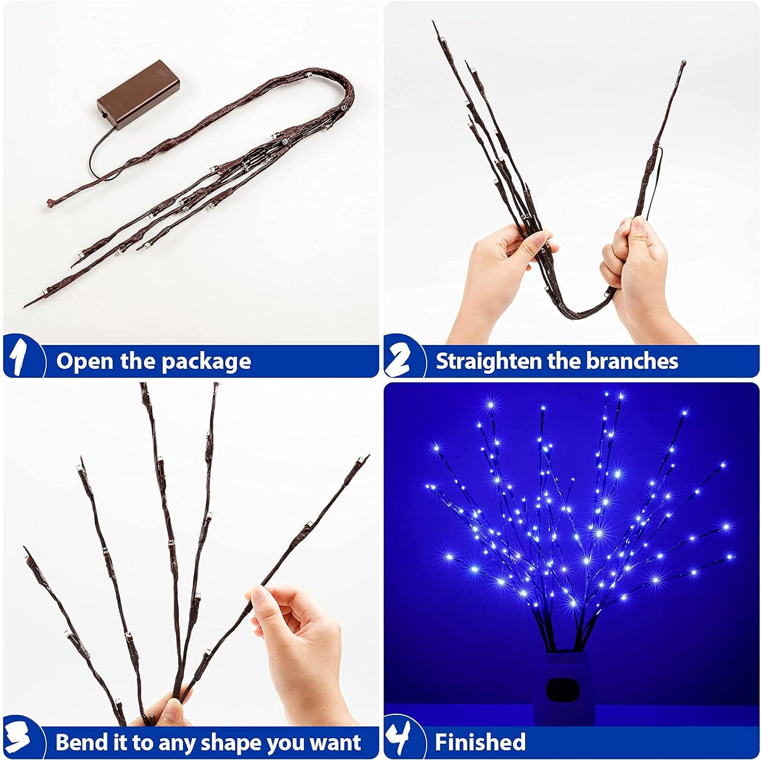 Twig Lights, 3 Pack Lighted Branches for Vases with 60 Bright Bulbs, Bendable Battery Branch Lights for Halloween, LED Lighted Willow Branches for Halloween Home Decorations (Blu-Ray) image number 1