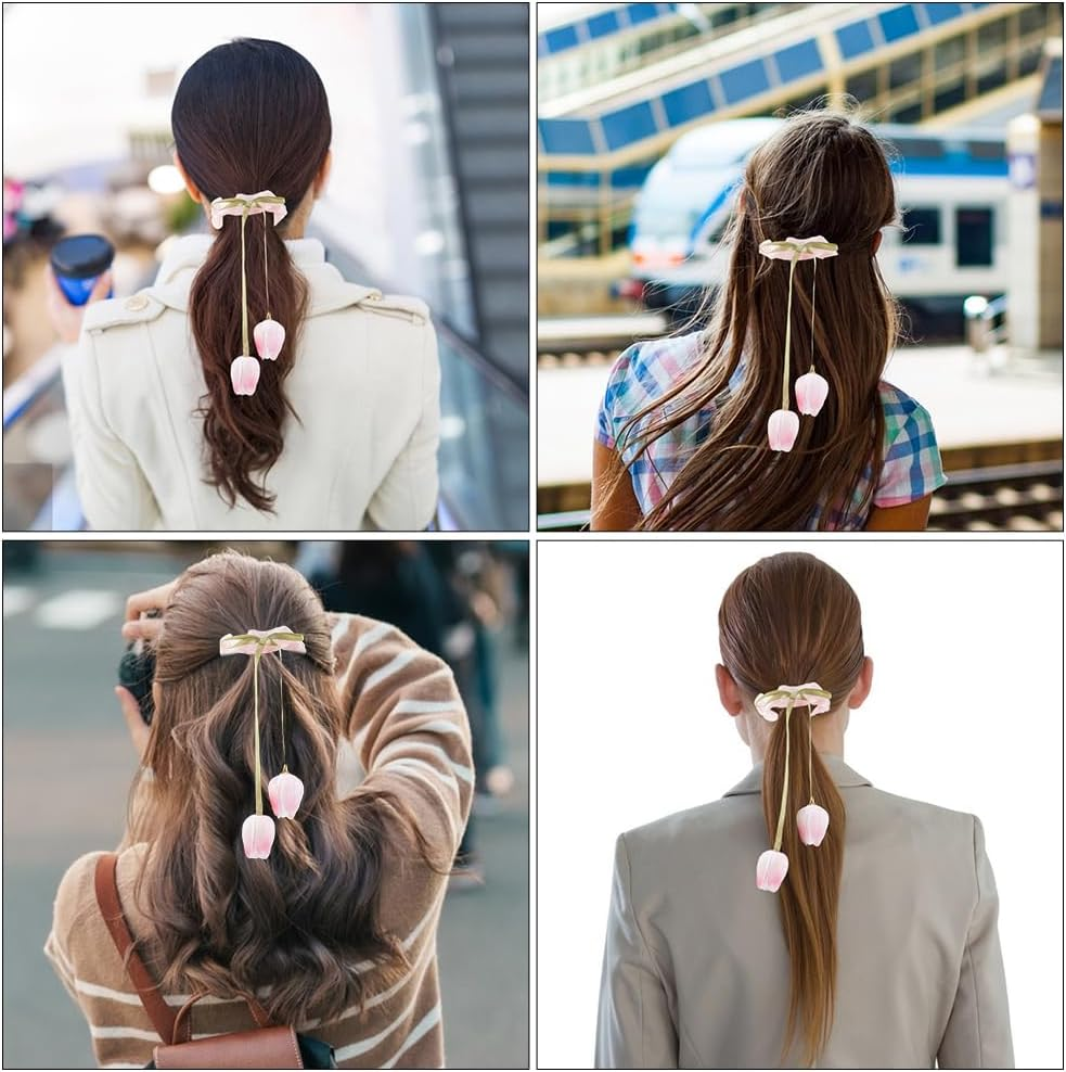 CABODYALS Pack of 4 Hair Bands with Tulip Motif in 2 Colours Ruffles Made of Chiffon Stretchy Polyester for Women, E.G. for Weddings, Parties or Birthdays. image number 4