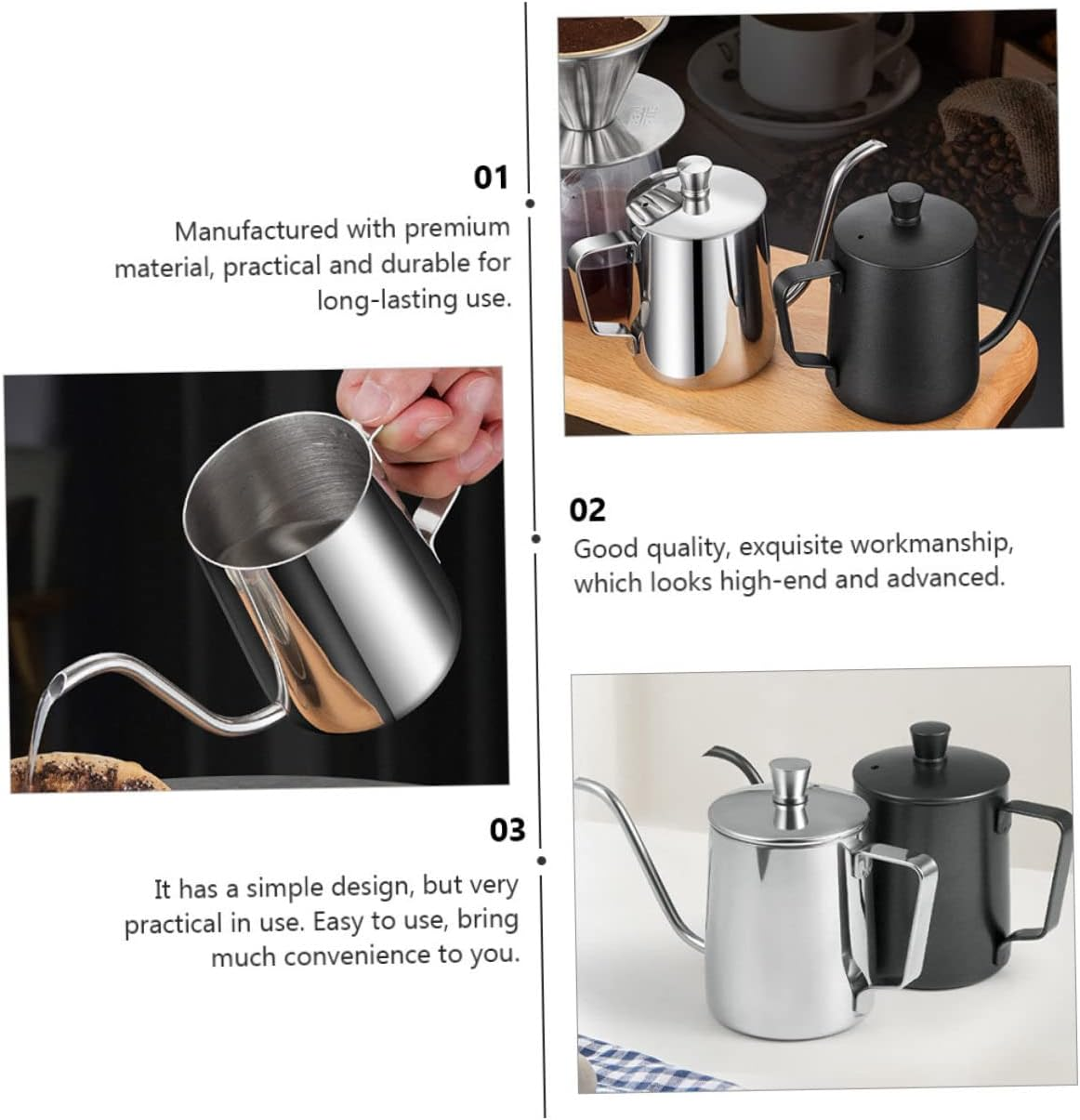 Uonlytech Stainless Steel Coffee Pot Mini Drip Pot Lid for Home Office Use Fine Mouth Design Espresso Holder image number 3
