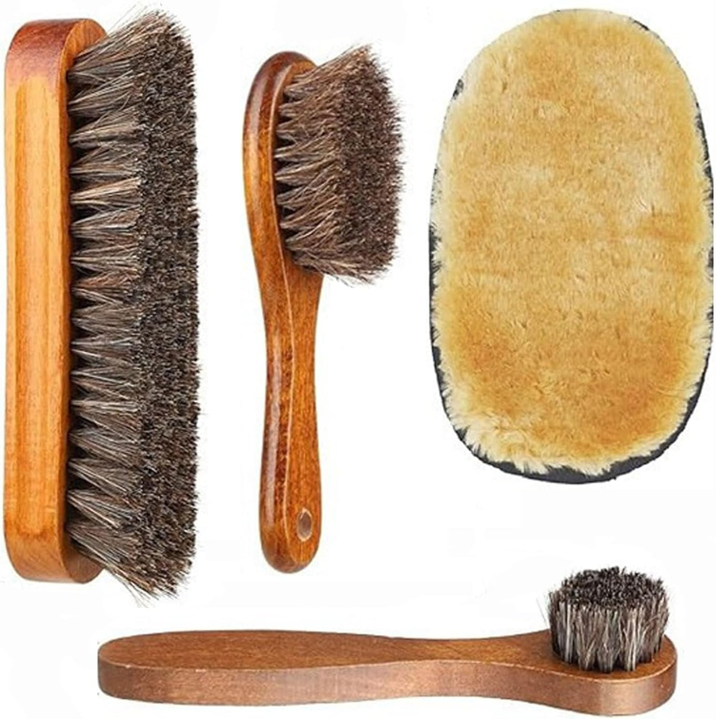 4 Pcs Horsehair Shine Brush Kit - Clean Polish Daubers Applicators, Leather Brush, Sofa 3 Pcs Dauber Applicator Brushes + 1Pc Shoes Cloth Glove Brown for Boots, Car Seats, Sofas, Bags image number 1