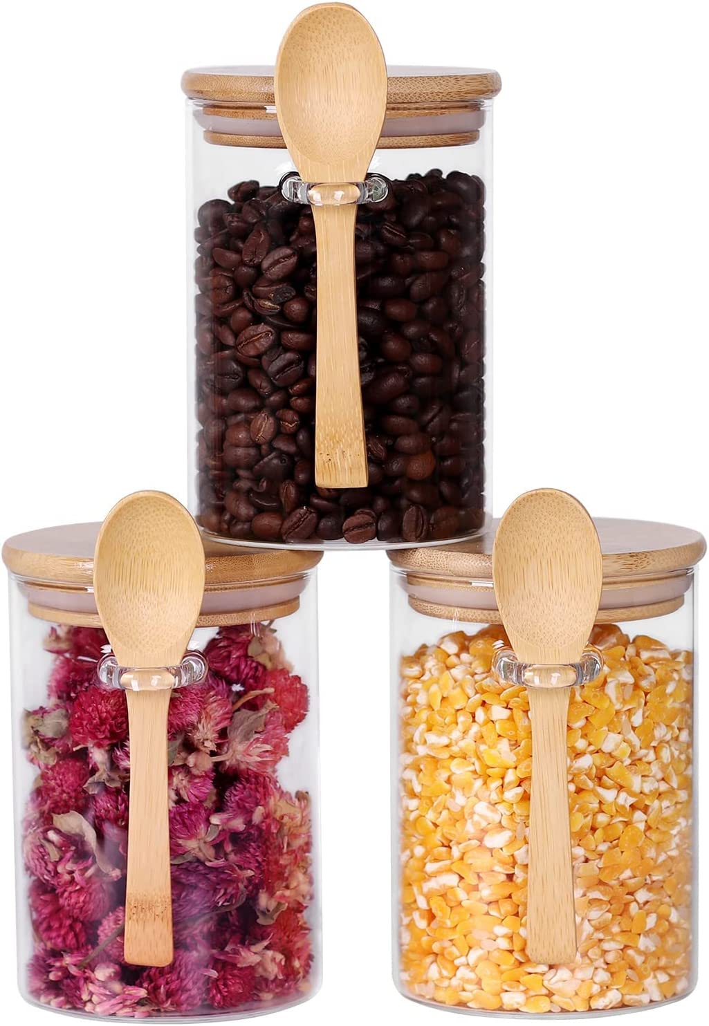 Glass Jars with Airtight Bamboo Lid and Spoon, Overnight Oats Containers Glass Food Storage Jars, Coffee Beans Tea Flour Sugar Nuts Candy Bath Salts Loose Tea Coffee Containers 17 OZ Liquid (3PCS) image number 3