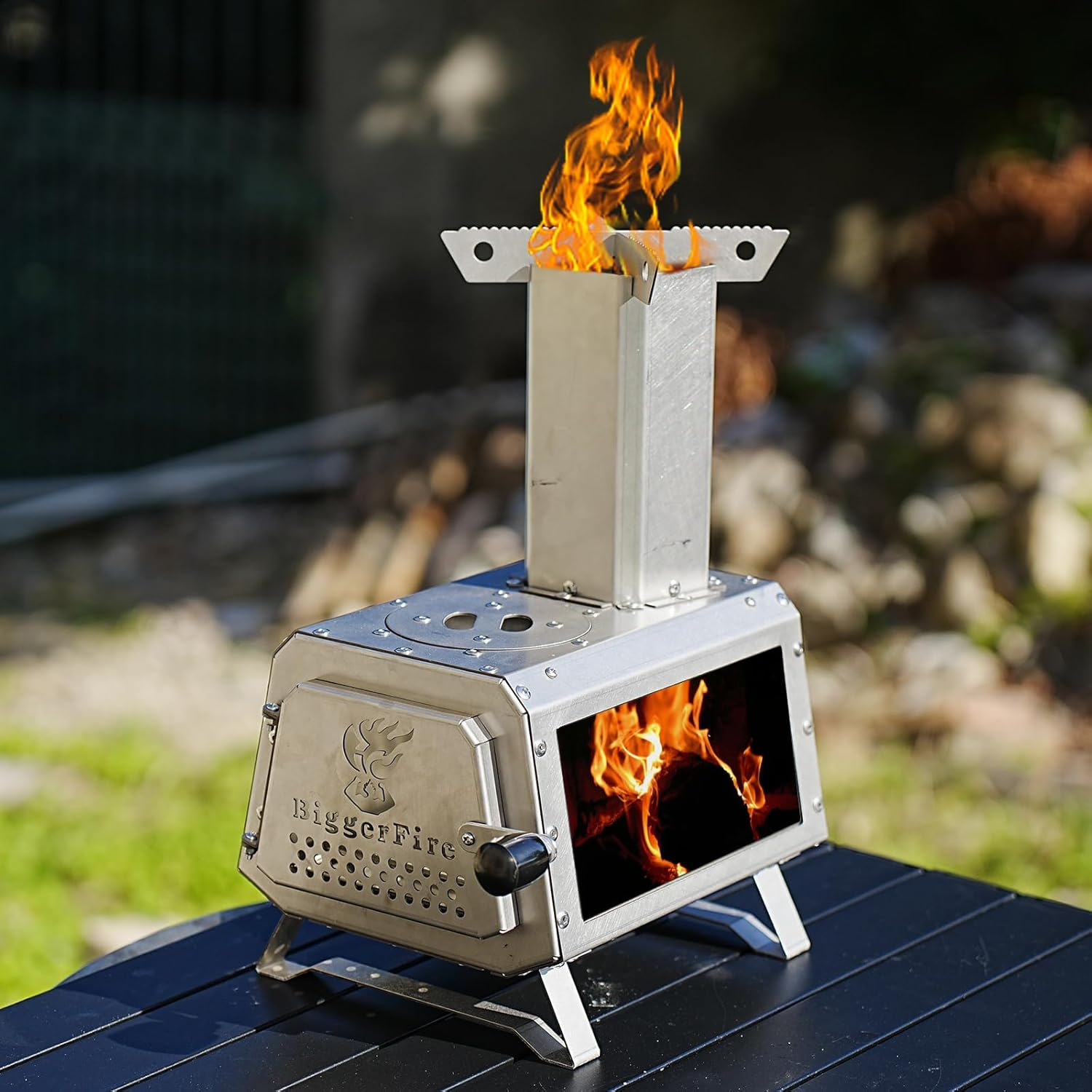 Biggerfire Rocket Stove Stainless Steel Countertop Mini Wood Stove Detachable Portable Wood Burning Stove with Chimney and Carrying Bag for Outdoor Cooking Coffee Making Warming Lighting Fire Watching image number 6