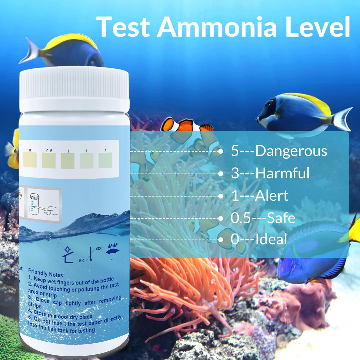 Ammonia Test Strips for Fish Tank, 50 Count Aquarium Test Strips for Saltwater & Freshwater Aquariums & Ponds, Ammonia Test Kit
