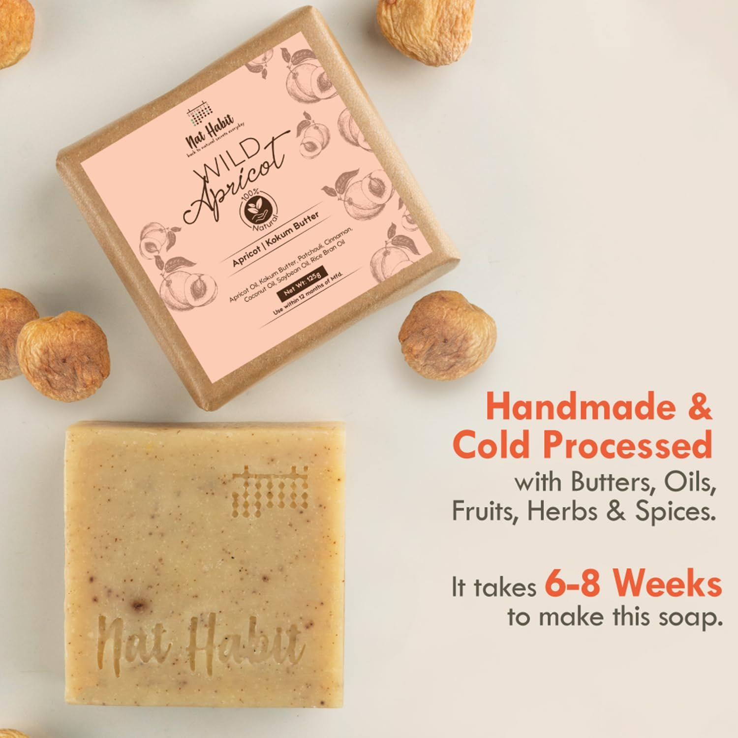 Nat Habit Wild Apricot Bath Soap Enriched with Vitamins C, Made with Cold Processed for Skin Brightening,Cleansing & Removing Taning (Pack of 2 X 125 Gm)