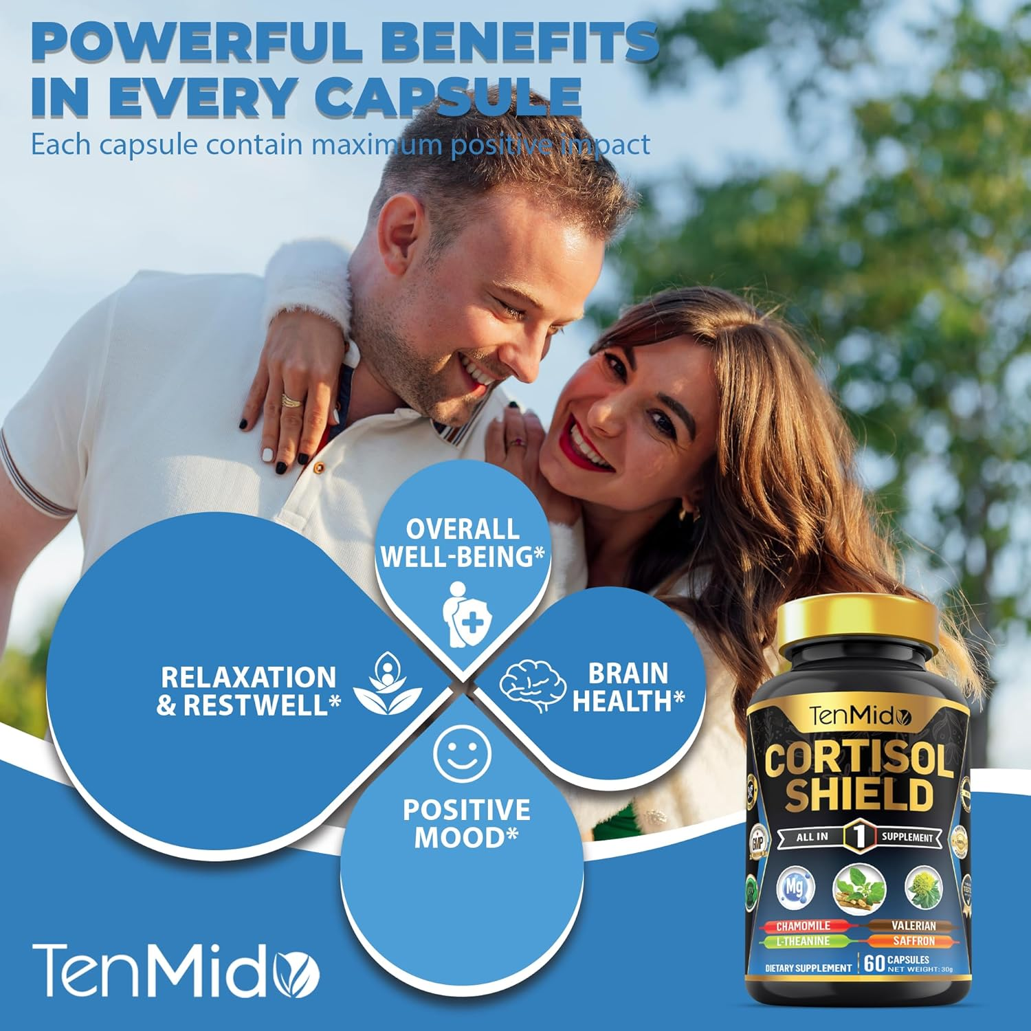 Cortisol Shield Supplement - 8In1 with Ashwagandha, Magnesium Glycinate, Rhodiola Rosea, Chamomile, L-Theanine & More - 60 Vegan & Non-Gmo Capsules