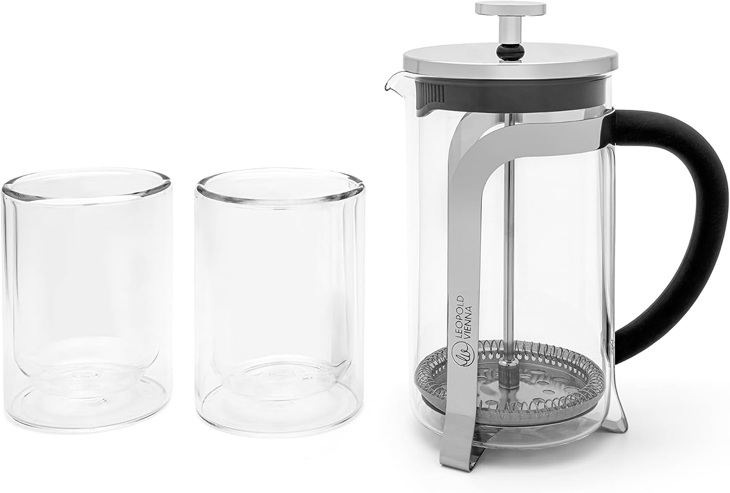 Leopold Vienna 3-Piece Coffee Maker Set 600 Ml for 5 Cups of Coffee - Glass Stamp Jug Including 2 Double-Walled Coffee Mugs