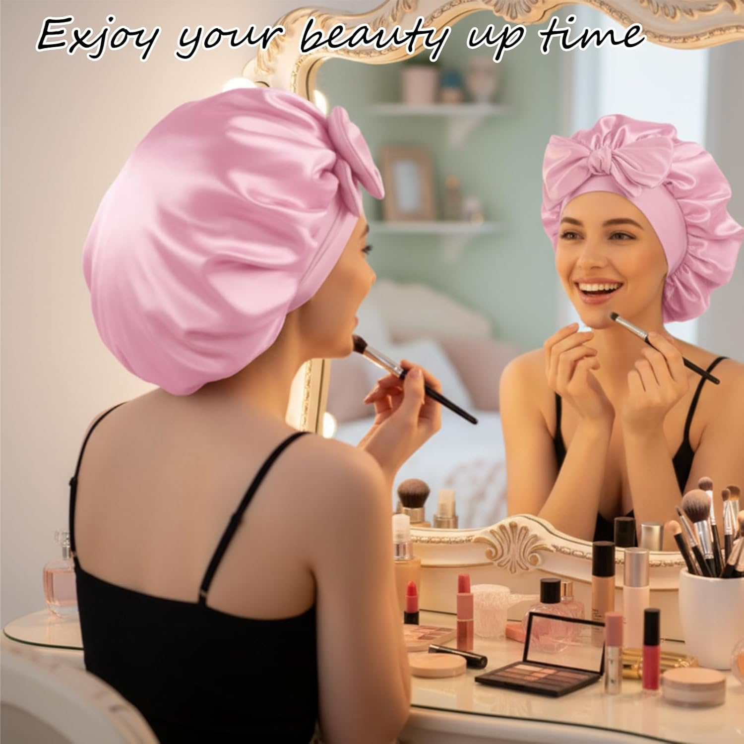 Silk Bonnet for Sleeping, 42Cm Large Size with Cross Design, Includes Pink Hair Tie, Ideal for Gym, Travel and Daily Use image number 6