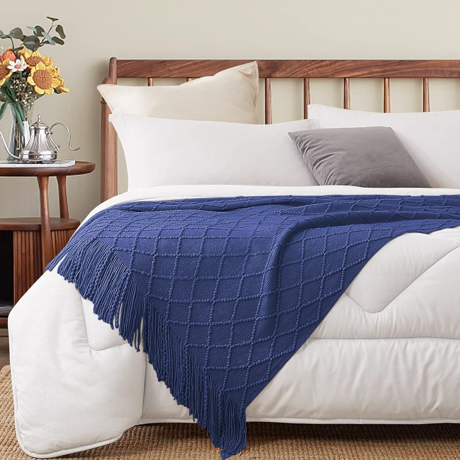 Inhand Navy Blue Throw Blanket for Couch and Bed, Soft Living Room Home Decor Knitted Blanket with Tassel, Outdoor Lightweight Breathable Summer Blanket, Farmhouse Warm Woven Decorative, 50"X60" image number 2