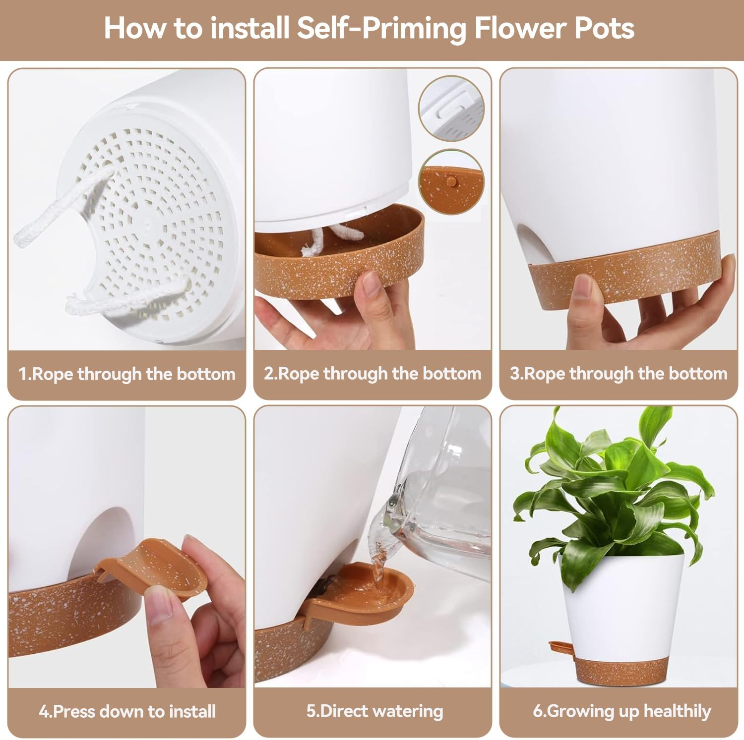 6 Pack Plant Pots, 8/7/6.5/6/5.5/5 Inch Self Watering Plant Pots with Drainage Holes and Saucers Modern Decorative Plastic Pots for All House Plants - White image number 1