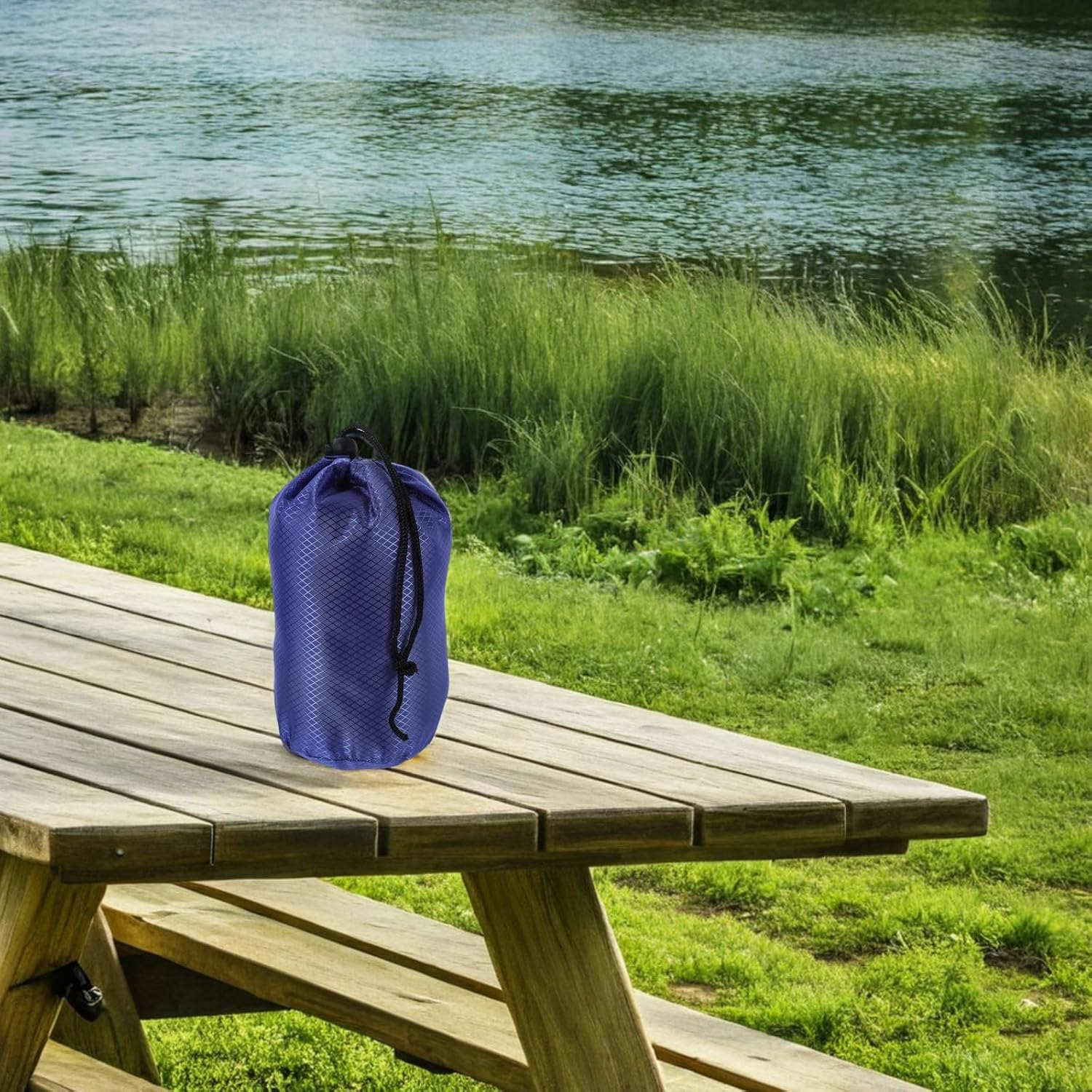 HOMOBABE Nylon Drawstring Storage Bag for down Jackets, Portable Travel Compression Organizer Pouch, Dark Blue Rhombus Pattern, 11Cm Diameter X 20Cm Height Clothes Storage Sack for Camping image number 5