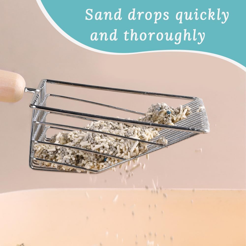 Two-Piece Metal Cat Litter Scoop (With Stand), Stainless Steel Cat Litter Scoop (With Wooden Handle), Cat Litter Box Special Cat Feces Scoop, Can Quickly Filter (Grey and Blue) image number 1