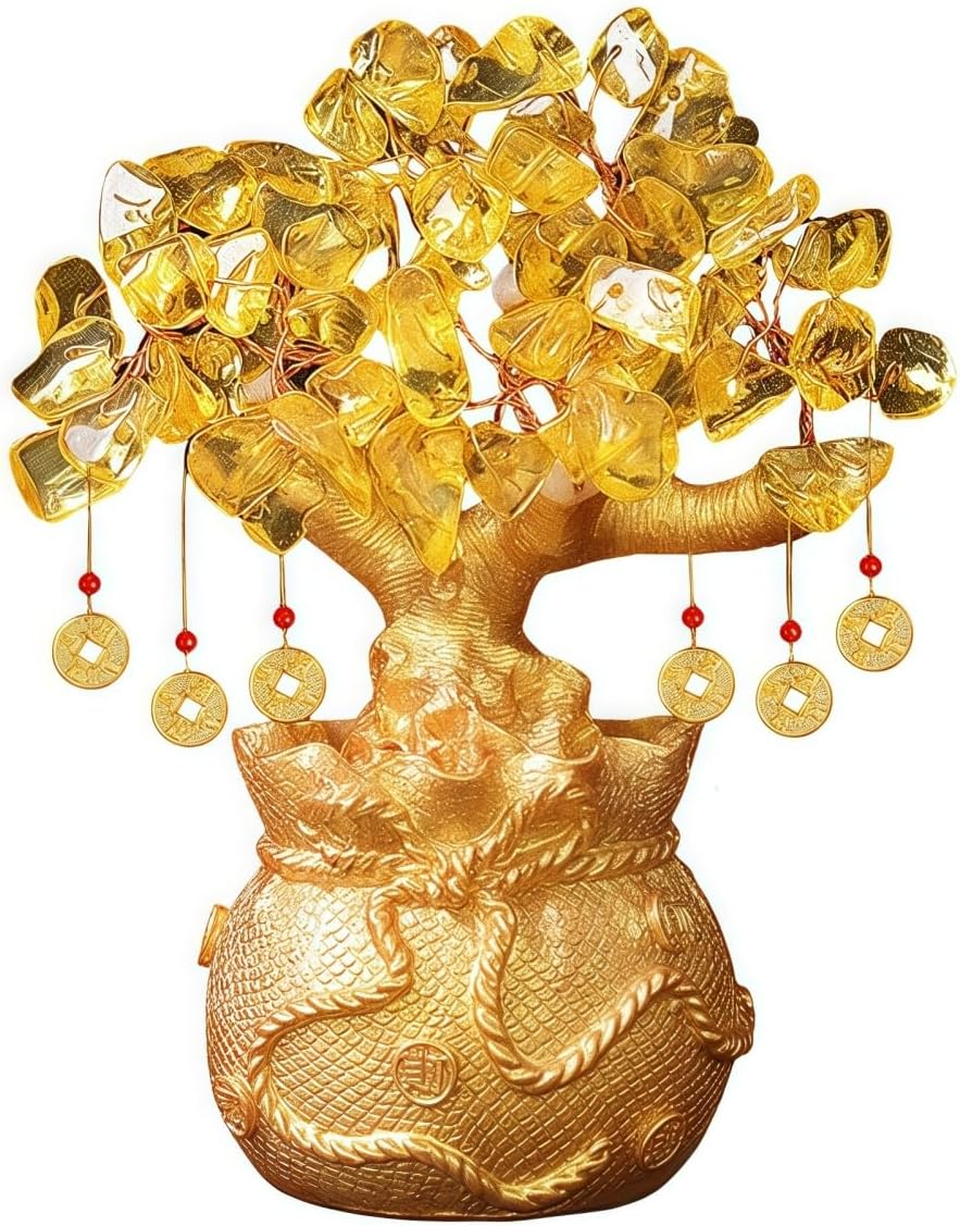Green Aventurine Money Tree &ndash; Feng Shui Wealth Prosperity Golden Bag Bonsai Lucky Gemstone Home Office Decor (14Cm Height)